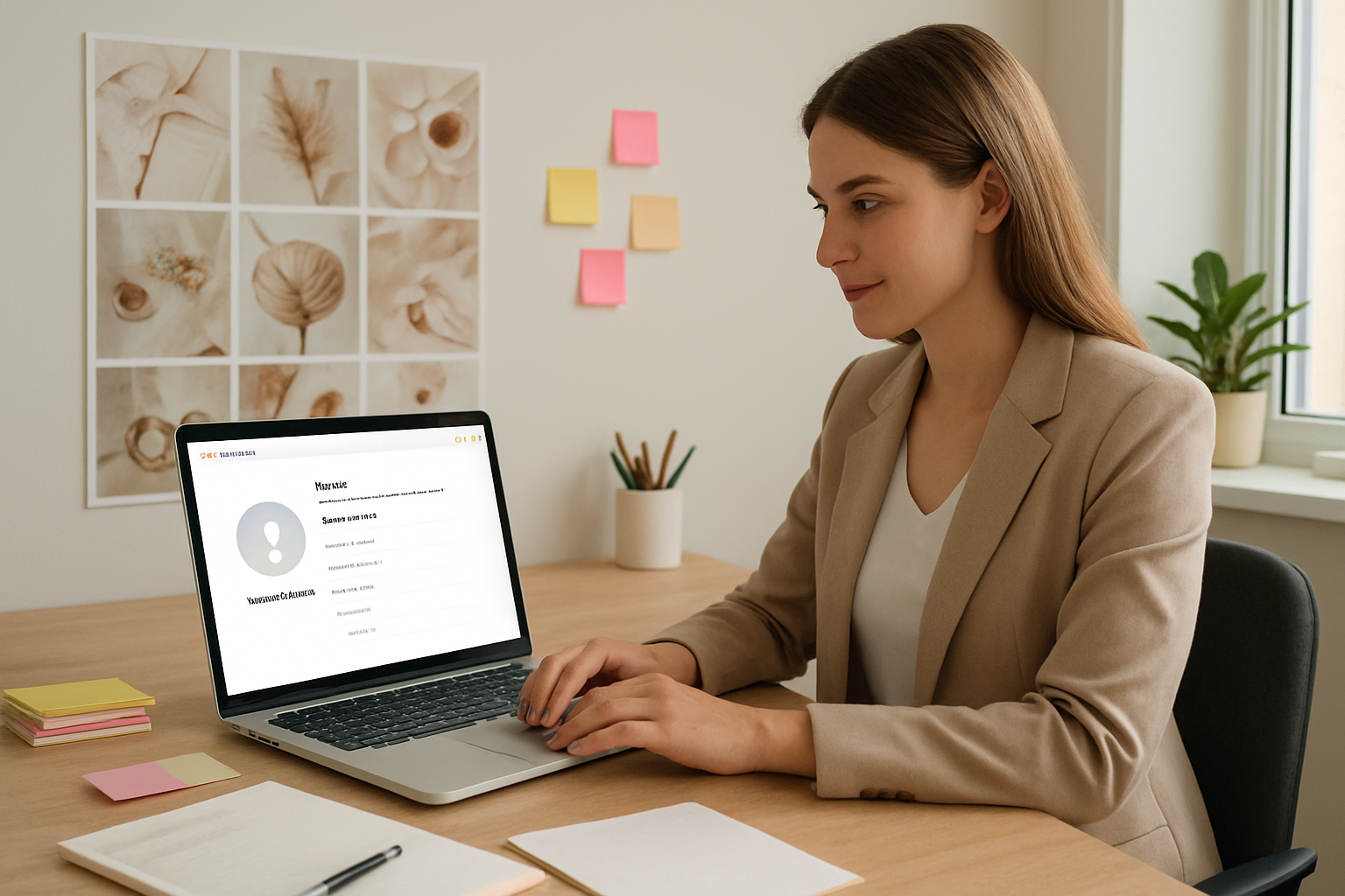Create a realistic image of a modern workspace featuring a laptop computer displaying the Pinterest business account setup interface with profile customization options visible on screen, alongside a white female professional in business casual attire working at a clean wooden desk, with pinterest-style mood boards and colorful sticky notes organized nearby, soft natural lighting from a window, minimalist office background with plants and organized supplies, conveying productivity and digital marketing focus, absolutely NO text should be in the scene.