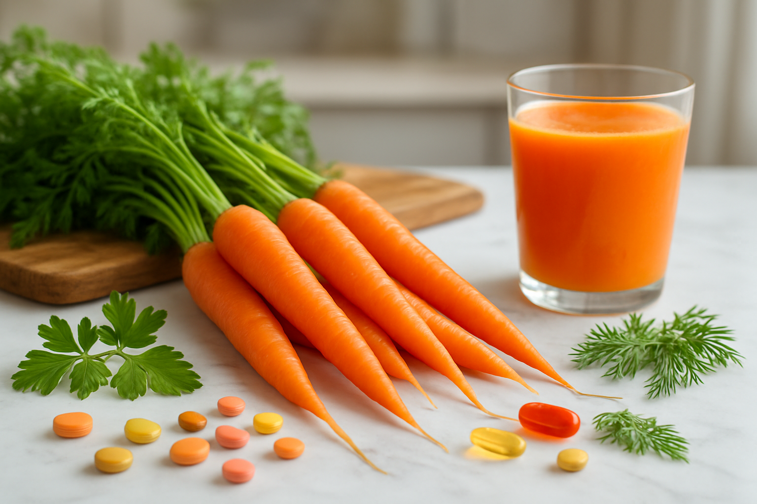 Create a realistic image of fresh orange carrots arranged artistically on a clean white marble surface with vibrant green leafy tops still attached, surrounded by colorful vitamin pills, fresh herbs like parsley and dill, a glass of fresh carrot juice, and subtle health-related elements like a wooden cutting board and natural lighting streaming from the side to highlight the nutritious qualities and health benefits of carrots, with a soft blurred kitchen background suggesting wholesome cooking and nutrition, absolutely NO text should be in the scene.