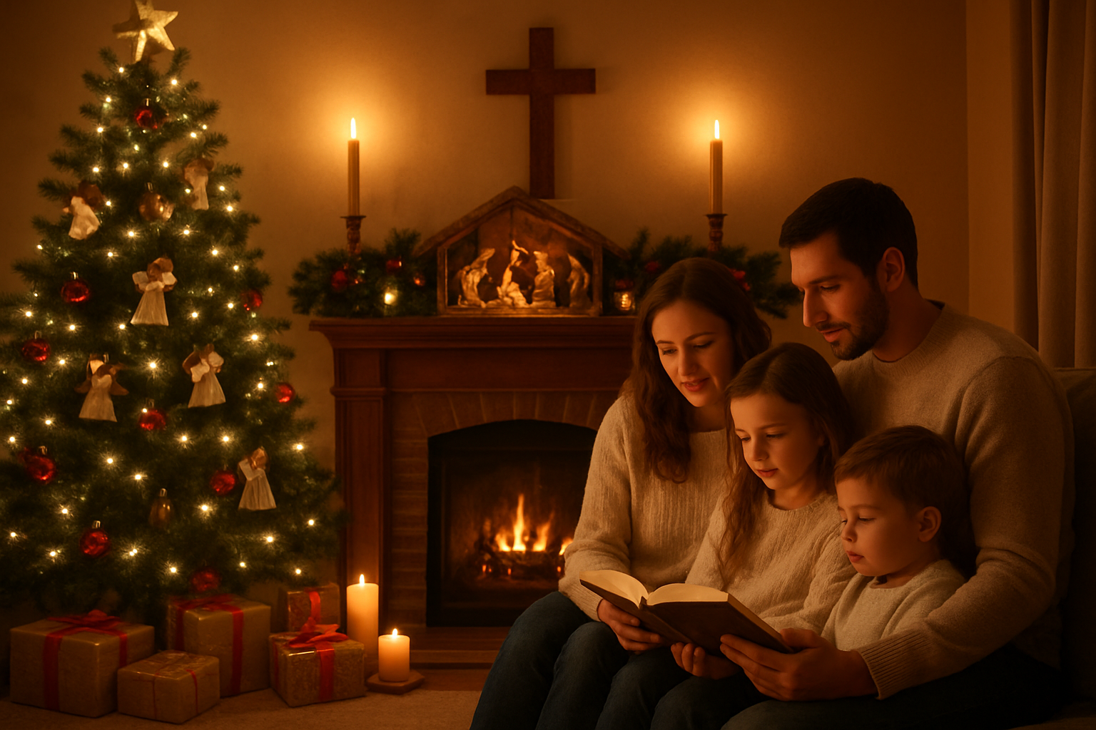 Create a realistic image of a warm family living room during Christmas time with traditional holiday decorations thoughtfully arranged around Christian symbols, featuring a prominent nativity scene as the centerpiece on a mantelpiece, with a Christmas tree decorated with angel ornaments and a star on top, candles creating soft golden lighting, wrapped gifts placed near the nativity scene, a white family of four (two parents and two children) gathered around reading from a Bible together on a comfortable sofa, warm fireplace glowing in the background, peaceful and reverent atmosphere, absolutely NO text should be in the scene.