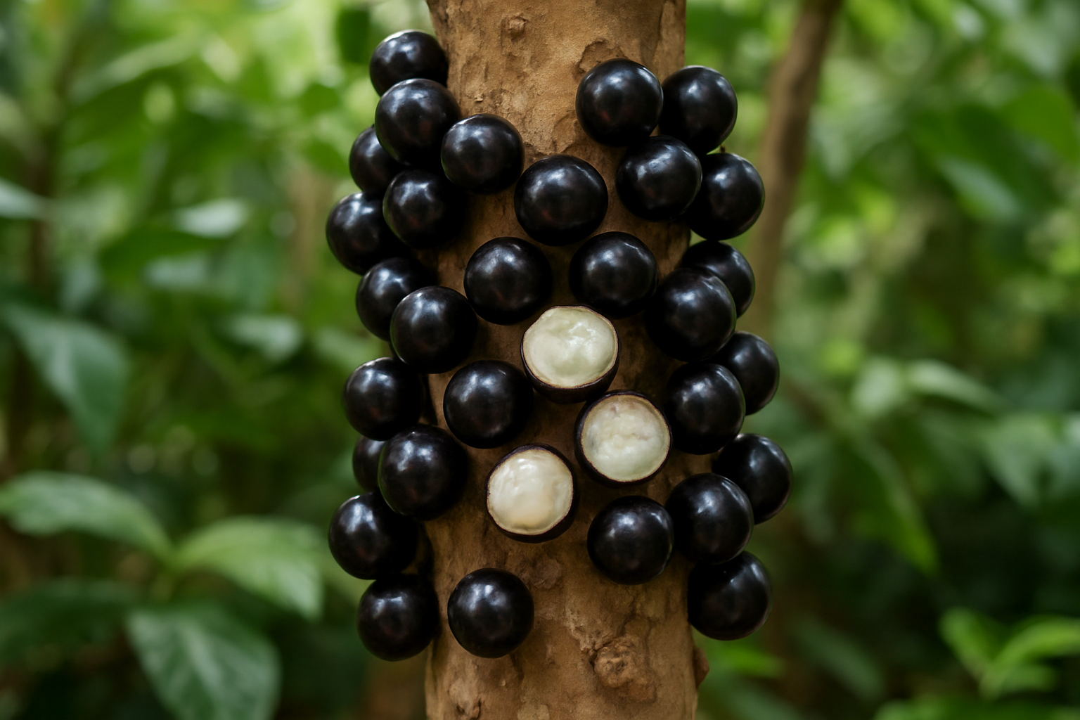 Create a realistic image of a jabuticaba tree trunk with its distinctive dark purple-black fruits growing directly on the bark in a cauliflorous pattern, showing the unique contrast between the smooth brown bark and clusters of grape-like fruits attached directly to the trunk and main branches, with some fruits cut open to reveal white translucent flesh inside, surrounded by lush green tropical foliage in soft natural lighting that emphasizes the unusual growing pattern that makes this Brazilian fruit so distinctive among other fruits, absolutely NO text should be in the scene.