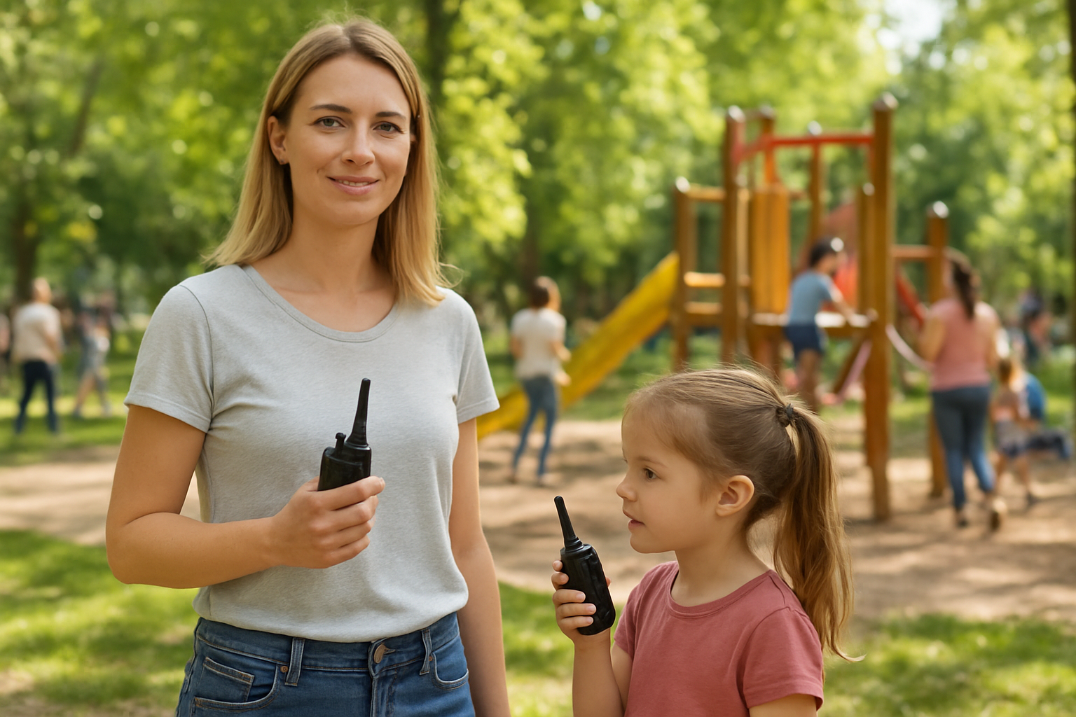 Create a realistic image of a white mother and her young daughter standing in a busy outdoor park setting, both holding small video walkie talkie devices, with the mother looking confident and relaxed while the child explores nearby playground equipment in the background, surrounded by other families and children playing, with bright natural daylight filtering through trees, creating a safe and secure family atmosphere that conveys peace of mind and effective communication technology in action, absolutely NO text should be in the scene.