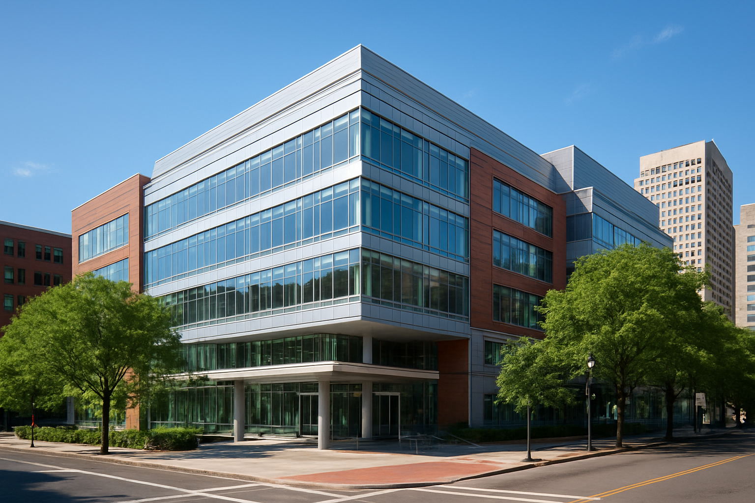Create a realistic image of the Dana-Farber Cancer Institute building exterior in Boston, featuring the modern medical facility's distinctive architecture with large glass windows and clean lines, surrounded by urban Boston cityscape with trees lining the street, captured during daytime with bright natural lighting that emphasizes the professional and welcoming atmosphere of this renowned cancer treatment center, with a clear blue sky in the background and the building's entrance area visible showing the medical facility's accessibility, absolutely NO text should be in the scene.