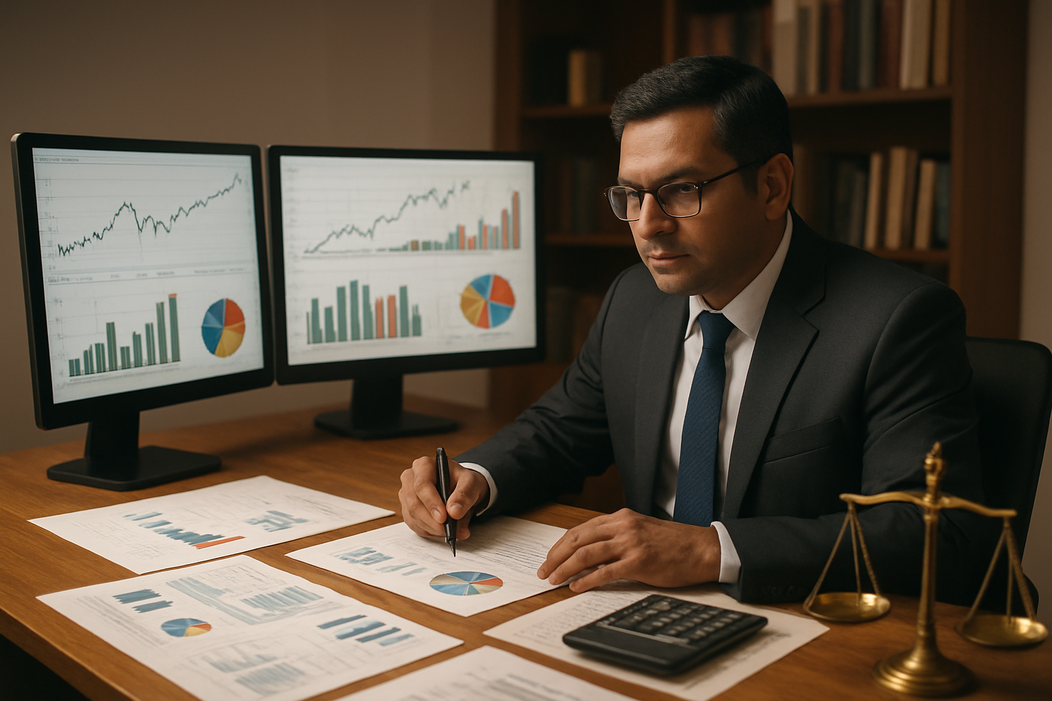 Create a realistic image of a professional Indian male financial advisor in his 40s sitting at a modern office desk, analyzing multiple investment charts and pie charts displayed on computer screens, with physical documents showing dividend stock portfolios spread across the desk, calculator and pen nearby, a balanced scale symbolizing risk management positioned on the desk, Indian rupee symbols subtly visible on some charts, warm office lighting creating a focused working atmosphere, bookshelves with financial literature in the background, absolutely NO text should be in the scene.