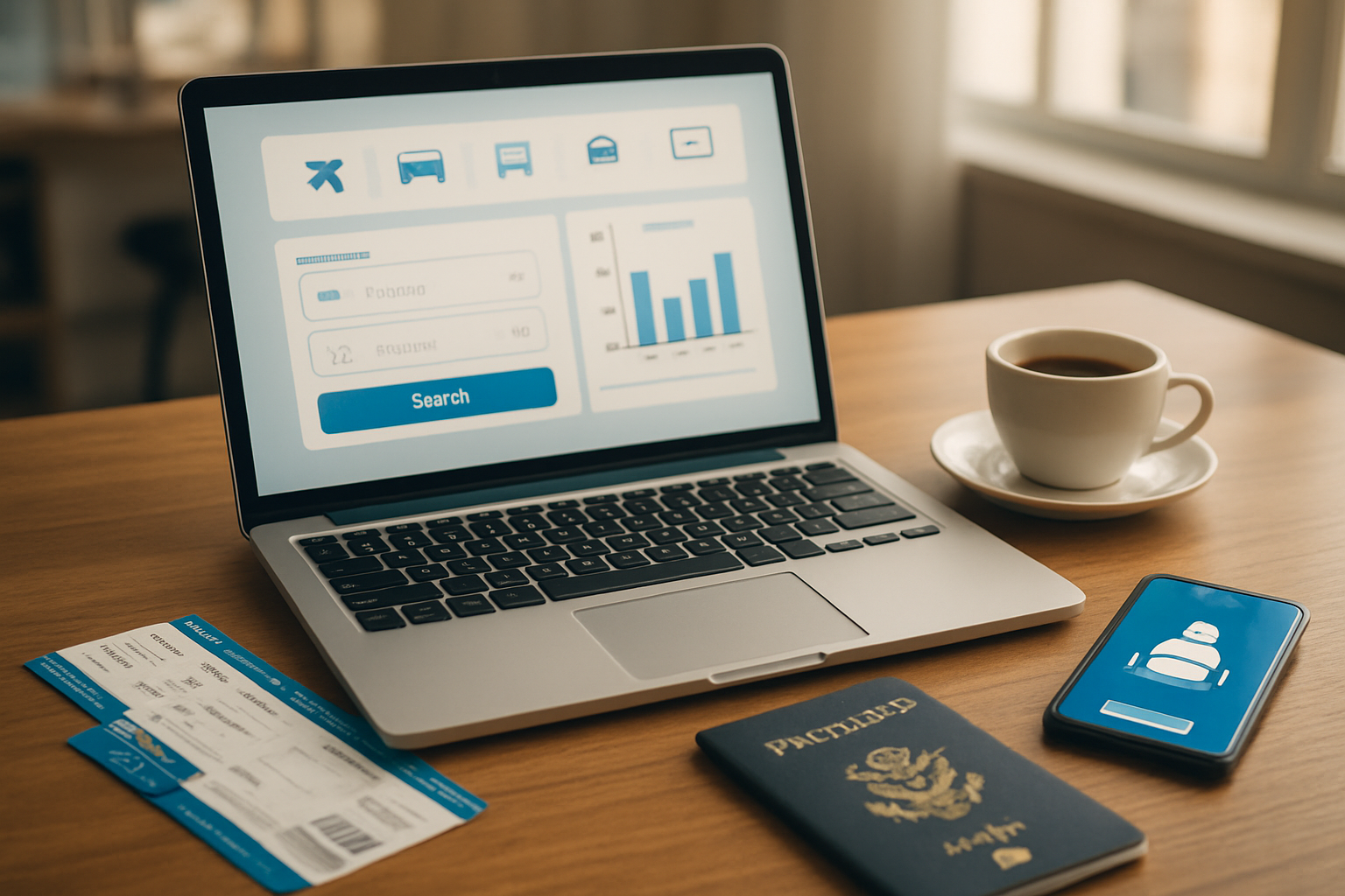 Create a realistic image of a business traveler's workspace showing multiple travel booking options and flexible travel arrangements, featuring a laptop screen displaying flight booking interface with date change options, a smartphone showing airline app with seat upgrade features, boarding passes scattered on a wooden desk, a passport, and a coffee cup, with soft natural lighting from a window, professional office environment in the background, warm and organized atmosphere that conveys convenience and adaptability. Absolutely NO text should be in the scene.