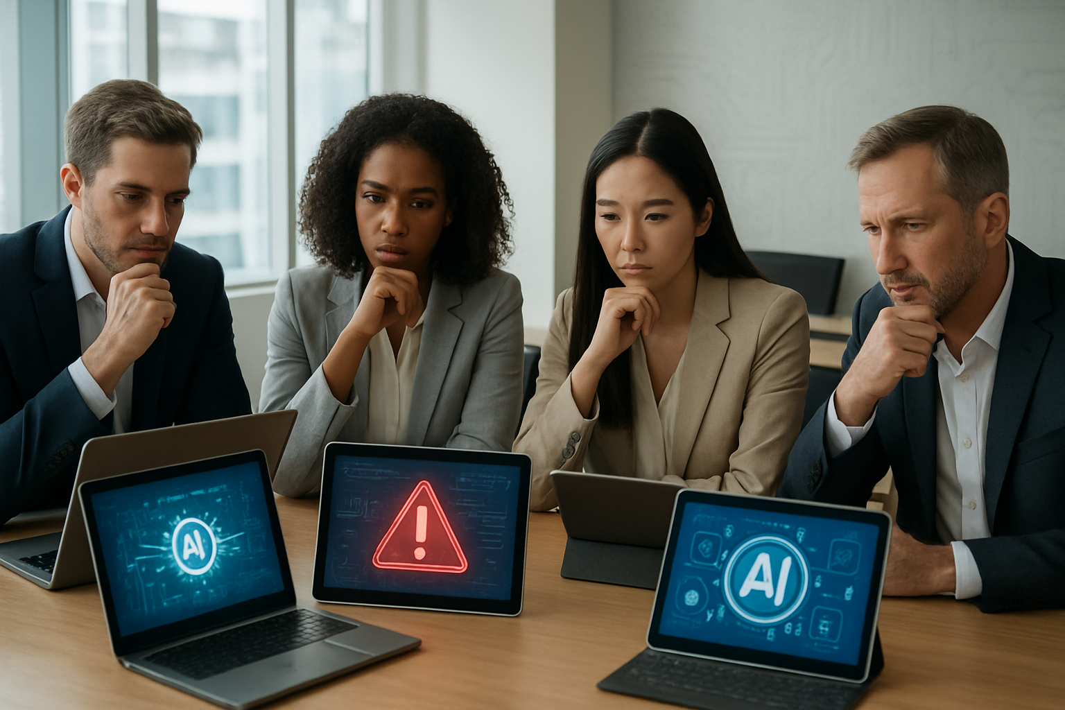 Create a realistic image of a diverse group of professionals sitting around a modern conference table with laptops and tablets open, showing thoughtful expressions as they analyze digital screens displaying various AI tool interfaces and warning symbols, with a bright office environment featuring large windows, clean lighting, and subtle technology elements like circuit board patterns on the wall, conveying a serious decision-making atmosphere about evaluating digital tools, absolutely NO text should be in the scene.