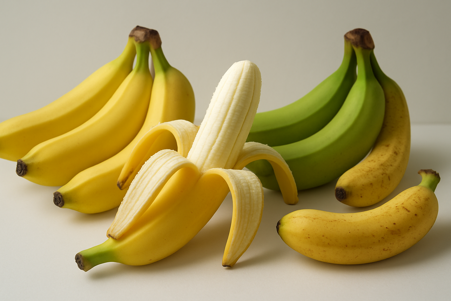 Create a realistic image of several ripe Cavendish bananas arranged on a clean white surface, showing their distinctive curved shape, bright yellow peel with subtle green tinges near the stem, and smooth unblemished skin texture, with one banana partially peeled to reveal the creamy white flesh inside, accompanied by a few individual bananas at different ripeness stages from green to yellow with brown spots, captured with soft natural lighting that highlights the bananas' natural shine and texture, with a simple neutral background that keeps focus on the fruit's characteristics, absolutely NO text should be in the scene.