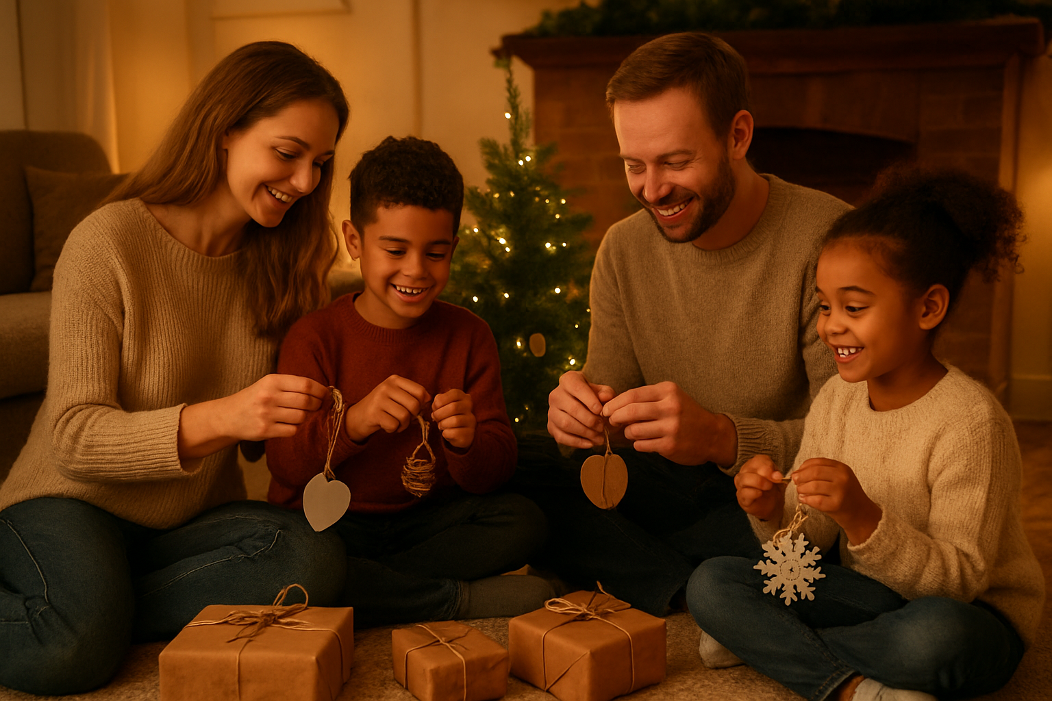 Create a realistic image of a diverse family of four (two white parents and two children of mixed race) sitting together on a cozy living room floor around a small decorated Christmas tree, engaged in making homemade ornaments from simple craft supplies like paper, string, and natural pinecones, with warm golden lighting from table lamps creating a intimate atmosphere, gift boxes wrapped in brown paper with handmade bows nearby, a fireplace glowing softly in the background, and the scene conveying joy and togetherness through their smiling faces and collaborative activity, absolutely NO text should be in the scene.