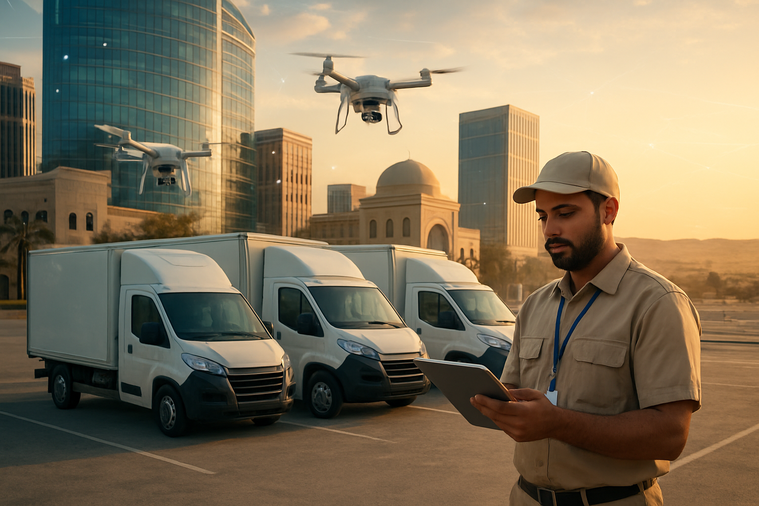 Create a realistic image of a modern logistics hub in a Gulf country with sleek white delivery trucks and drones in the foreground, a Middle Eastern male delivery worker in uniform checking a digital tablet, futuristic glass buildings and traditional Middle Eastern architecture in the background under golden hour lighting, desert landscape visible in the distance, with digital connectivity lines subtly overlaying the scene to represent technological integration, shot from a slightly elevated angle to show the comprehensive delivery network, warm desert tones with modern blue and white accents, absolutely NO text should be in the scene.