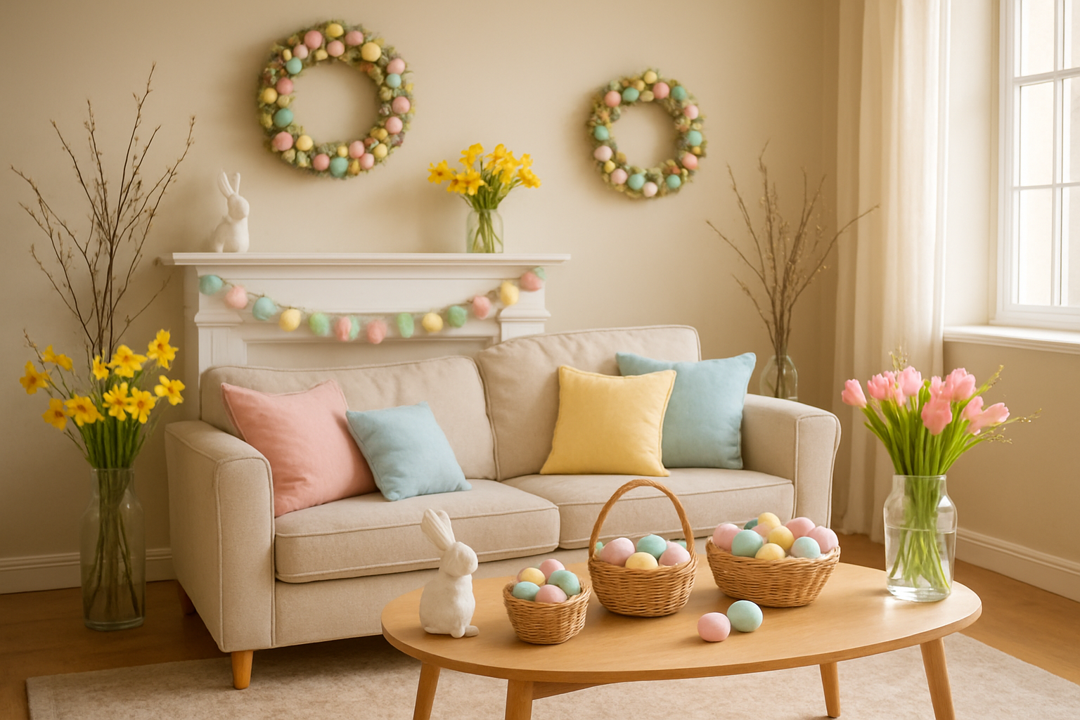 Create a realistic image of a beautifully decorated living room interior showcasing essential Easter decorations including pastel-colored Easter eggs in wicker baskets, fresh spring flowers like tulips and daffodils in vases, decorative Easter bunny figurines, colorful garlands draped across a mantelpiece, painted Easter egg wreaths hanging on walls, soft pastel throw pillows on a sofa, and delicate spring branches in tall vases, all arranged in a warm, inviting home setting with natural lighting streaming through windows creating a cheerful Easter atmosphere, absolutely NO text should be in the scene.