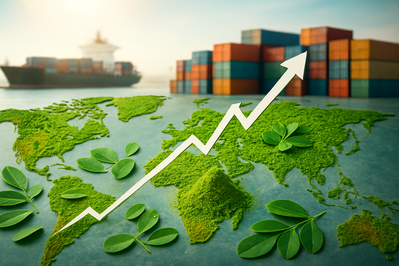 Create a realistic image of a dynamic world map visualization showing moringa's global market expansion with vibrant green moringa leaves and powder scattered across continents, upward trending arrow graphics overlaying major markets, with India prominently highlighted as a source region, shipping containers and cargo ships in the background representing international trade, bright natural lighting suggesting growth and opportunity, and a modern business atmosphere conveying market analysis and global commerce, absolutely NO text should be in the scene.