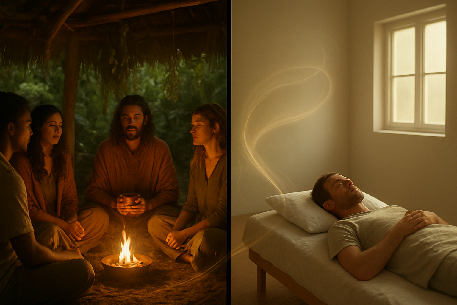 Create a realistic image of a split-screen composition showing two distinct ceremonial scenes representing frequency and long-term effectiveness of plant medicines, with the left side depicting an intimate ayahuasca ceremony featuring a diverse group of 4-5 people of mixed races (white, black, hispanic) sitting in a circle around a small fire in a dimly lit jungle hut with wooden beams and hanging plants, while the right side shows a more solitary ibogaine ceremony setting with a single white male participant lying on a simple bed in a clean, minimalist healing room with soft natural lighting from windows, both scenes connected by subtle visual elements like flowing energy patterns or light trails suggesting the passage of time and healing journey, warm earthy color palette with golden and green tones, peaceful and sacred atmosphere, absolutely NO text should be in the scene.