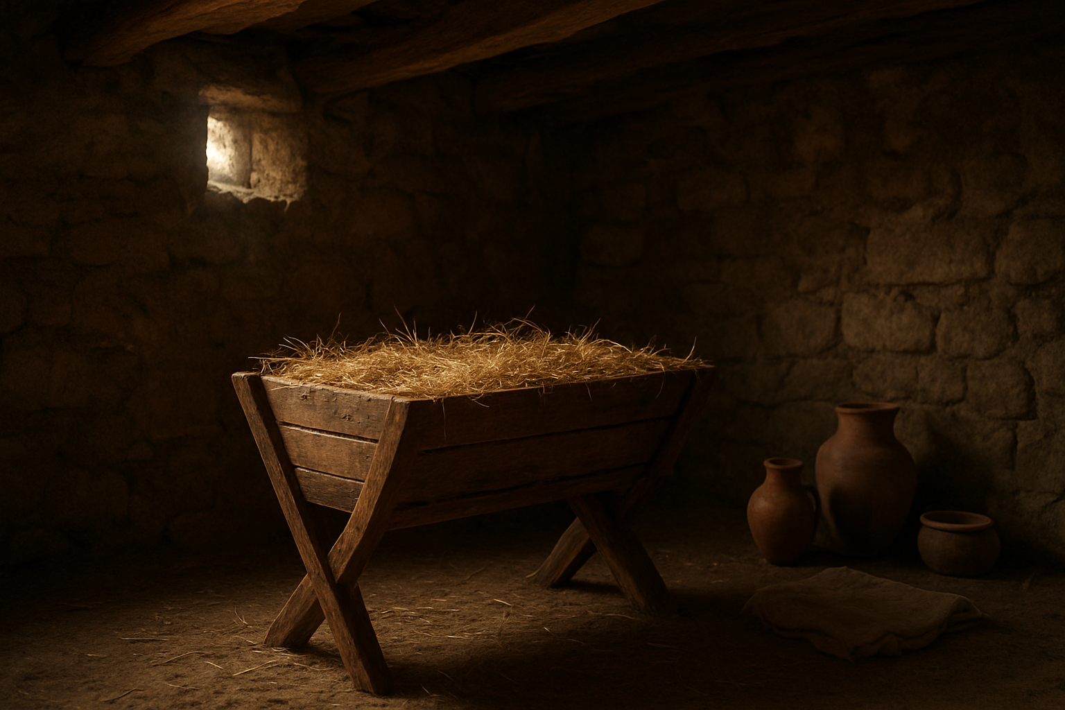 Create a realistic image of a simple wooden manger filled with straw in a humble stone stable, with rough-hewn wooden beams overhead, soft golden light filtering through small openings casting gentle shadows on weathered stone walls, surrounded by basic pottery vessels and simple cloth, emphasizing the contrast between the sacred significance and the modest earthly surroundings, with a peaceful and reverent atmosphere that highlights the humility of the setting, absolutely NO text should be in the scene.