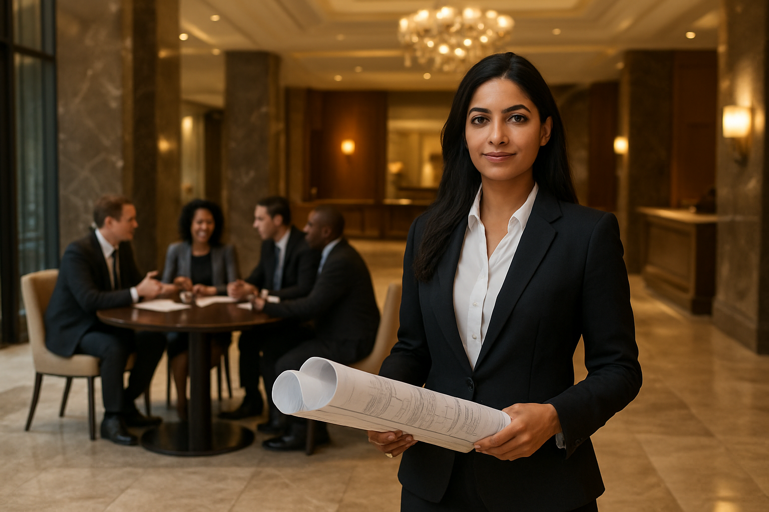Create a realistic image of a confident young South Asian female entrepreneur in professional business attire standing in the foreground of a modern upscale hotel lobby, holding architectural blueprints or business plans, with a diverse group of business professionals in the background discussing around a conference table, luxurious hotel elements like marble floors, elegant chandeliers, and reception desk visible, warm golden lighting creating an aspirational and success-oriented atmosphere, conveying innovation and leadership in hospitality business ownership, absolutely NO text should be in the scene.