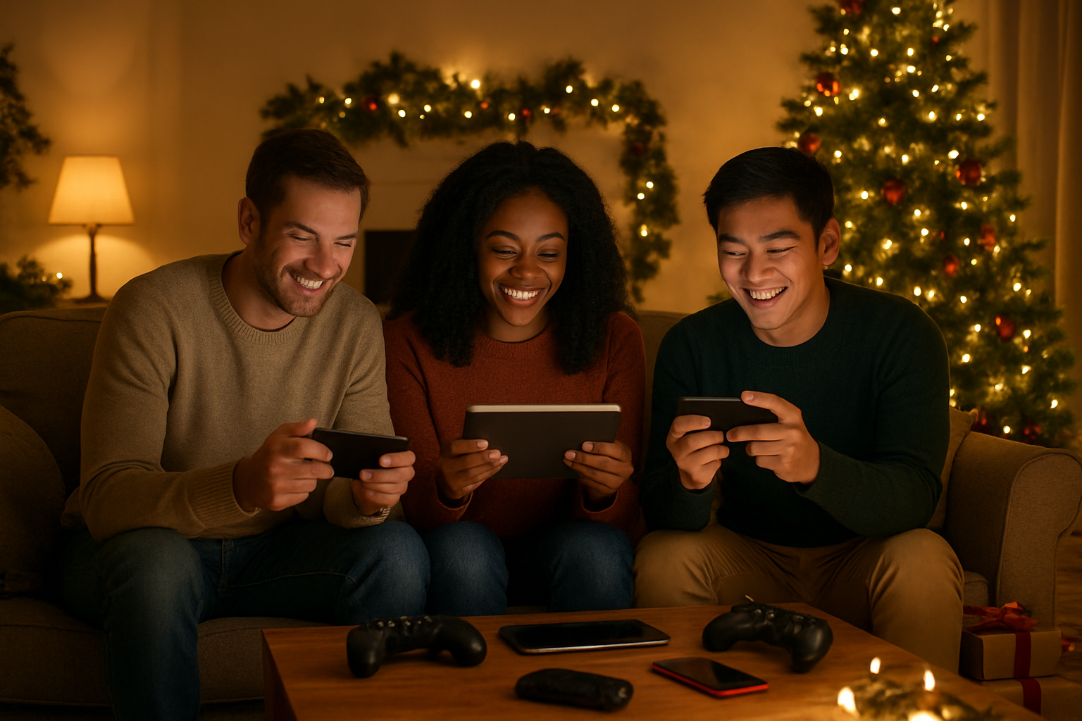 Create a realistic image of a cozy modern living room during Christmas evening with a diverse group of people including a white male, black female, and Asian male sitting on a comfortable sofa, all holding smartphones and tablets while playing digital games together, with Christmas decorations including a decorated tree with twinkling lights, garlands, and ornaments in the background, warm golden lighting from table lamps creating a festive atmosphere, gaming controllers and devices scattered on a coffee table, and wrapped presents under the Christmas tree, capturing the joy of modern digital gaming during the holiday season. Absolutely NO text should be in the scene.