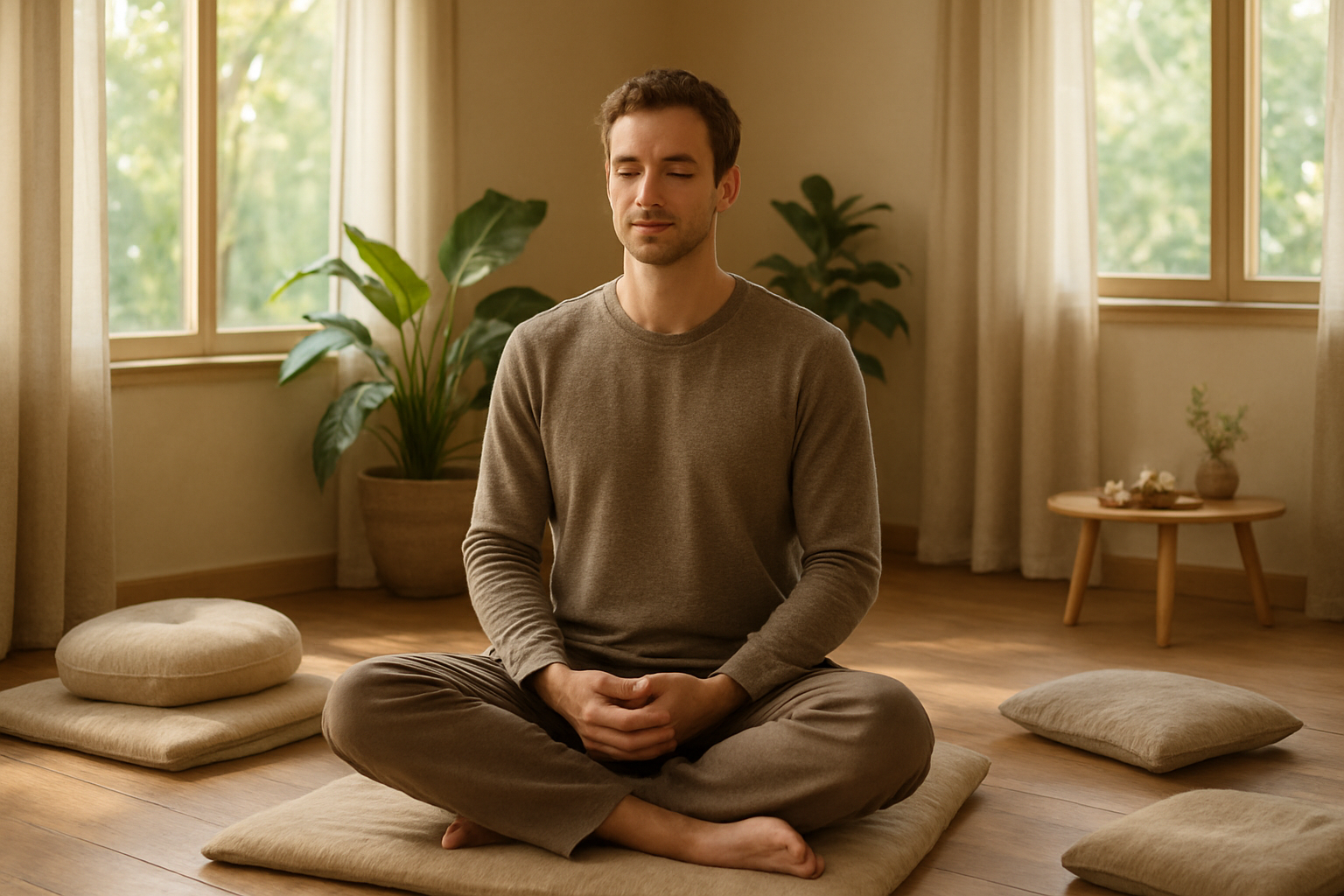 Create a realistic image of a serene healing environment showing a peaceful meditation room with soft natural lighting streaming through large windows, featuring comfortable cushions and blankets arranged on wooden floors, lush green plants in the corners, a white male in his 30s sitting cross-legged in a meditative pose with eyes closed and a calm expression suggesting inner peace and recovery, warm earth-tone colors throughout the space, gentle shadows creating a tranquil atmosphere that conveys hope and transformation, with subtle medical or wellness elements like a small table with natural herbs or healing crystals in the background. Absolutely NO text should be in the scene.