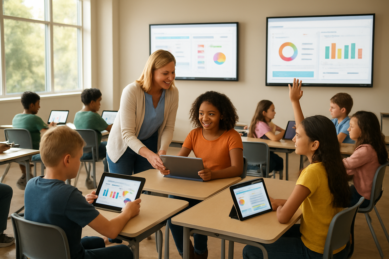 Create a realistic image of a diverse classroom scene showing adaptive learning technology in action, featuring students of mixed races (white, black, Hispanic, Asian) and genders sitting at modern desks with tablets and laptops displaying personalized learning interfaces with different content on each screen, a female white teacher walking between desks providing individual guidance, interactive smart boards on the walls showing adaptive learning dashboards with colorful charts and progress indicators, warm natural lighting from large windows creating an engaging and focused learning environment, students actively participating with some raising hands and others collaborating in small groups, modern educational technology seamlessly integrated throughout the space with a bright and optimistic atmosphere that conveys enhanced student engagement, absolutely NO text should be in the scene.