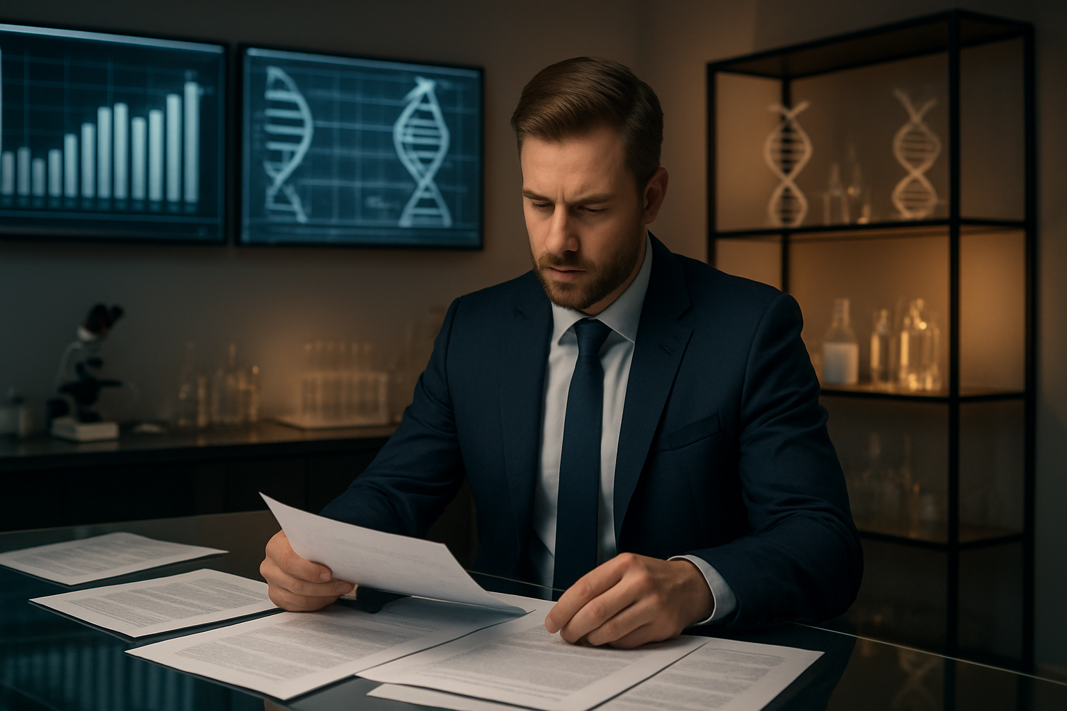 Create a realistic image of a modern biotech office setting with a white male entrepreneur in business attire studying regulatory documents and patent papers spread across a sleek glass desk, surrounded by scientific research charts on wall-mounted monitors, DNA helix models on shelves, pharmaceutical laboratory equipment in the background, warm professional lighting illuminating the workspace, creating a focused and determined atmosphere that conveys the complexity of navigating biopharma regulations and intellectual property challenges, absolutely NO text should be in the scene.