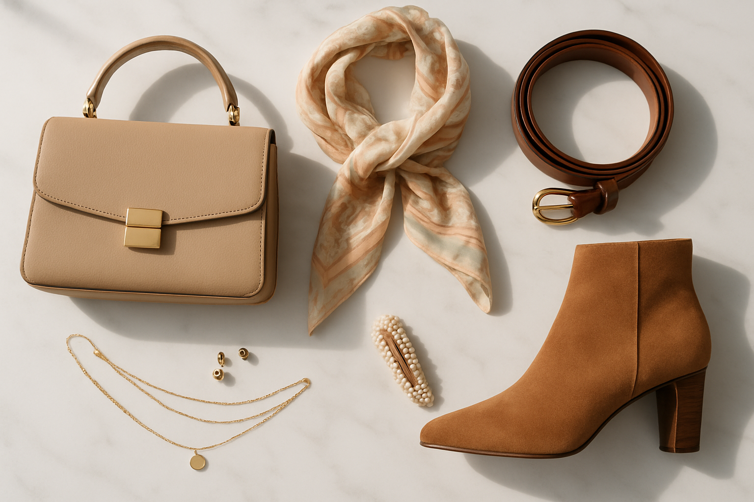 Create a realistic image of an elegant flat lay arrangement featuring a curated collection of budget-friendly fashion accessories including delicate gold-toned jewelry pieces like layered necklaces and stud earrings, a structured handbag in neutral beige, a silk-like patterned scarf in soft pastels, a classic brown leather belt, stylish ankle boots, and a pearl hair clip, all artfully arranged on a clean white marble surface with soft natural lighting casting gentle shadows, creating a sophisticated and aspirational mood that suggests style transformation and accessibility. Absolutely NO text should be in the scene.