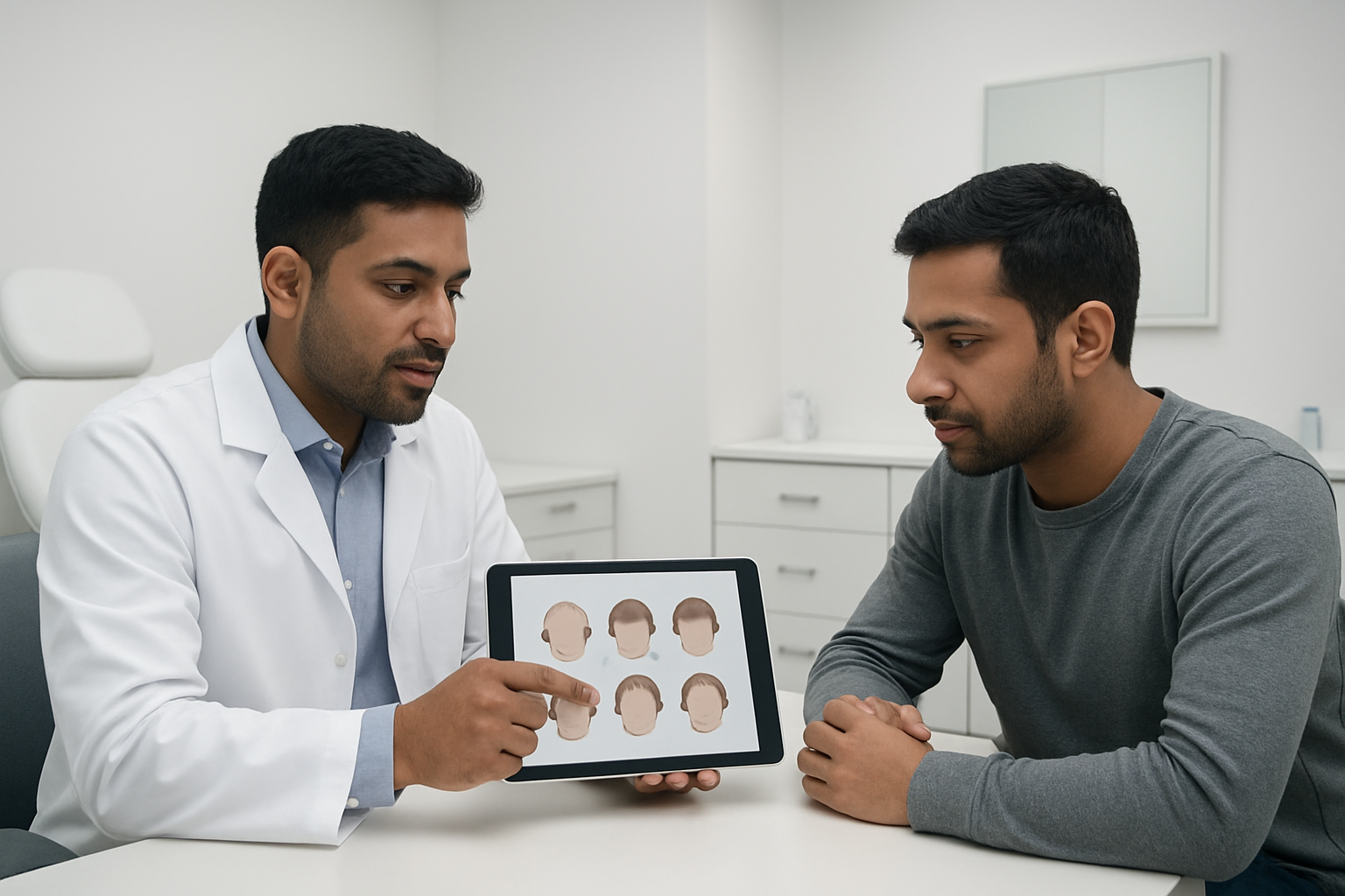 Create a realistic image of a modern hair transplant clinic consultation room in Bangalore with a South Asian male doctor in a white coat explaining the hair transplant procedure to a South Asian male patient using a medical chart or tablet showing hair restoration stages, featuring contemporary medical furniture, clean white walls, professional lighting, and a calm, reassuring atmosphere that conveys trust and expertise, absolutely NO text should be in the scene.