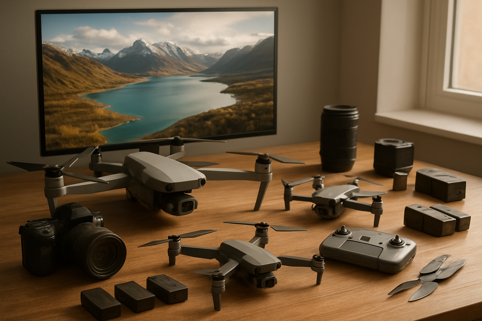Create a realistic image of multiple high-end drones of different sizes and models arranged on a modern wooden desk with a stunning aerial landscape photograph displayed on a large monitor in the background, professional camera equipment and drone accessories scattered around including extra batteries, propellers, and a remote controller, warm natural lighting from a nearby window creating soft shadows, conveying a sense of professional accomplishment and mastery of aerial photography technology, absolutely NO text should be in the scene.