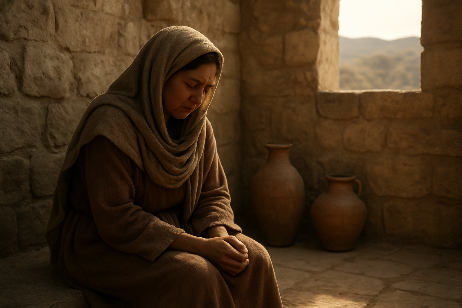 Create a realistic image of a middle-aged Middle Eastern woman in ancient biblical clothing sitting alone in a modest stone courtyard, her head bowed with hands clasped in her lap, wearing earth-toned robes and a head covering, with weathered stone walls and clay pottery in the background, soft golden sunlight filtering through creating gentle shadows, conveying a mood of quiet sorrow and contemplation, with distant hills visible beyond the courtyard walls. Absolutely NO text should be in the scene.