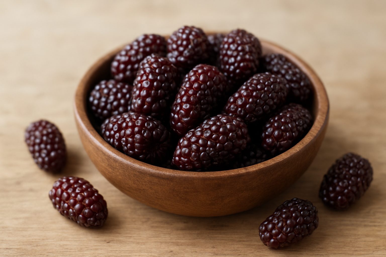 Create a realistic image of fresh boysenberries displayed in a rustic wooden bowl, showcasing their distinctive deep purple-red color and elongated oval shape, with a few berries scattered around the bowl on a natural wood surface, soft natural lighting highlighting their glossy skin texture and unique clustered drupelets, clean minimalist background with subtle shadows, absolutely NO text should be in the scene.