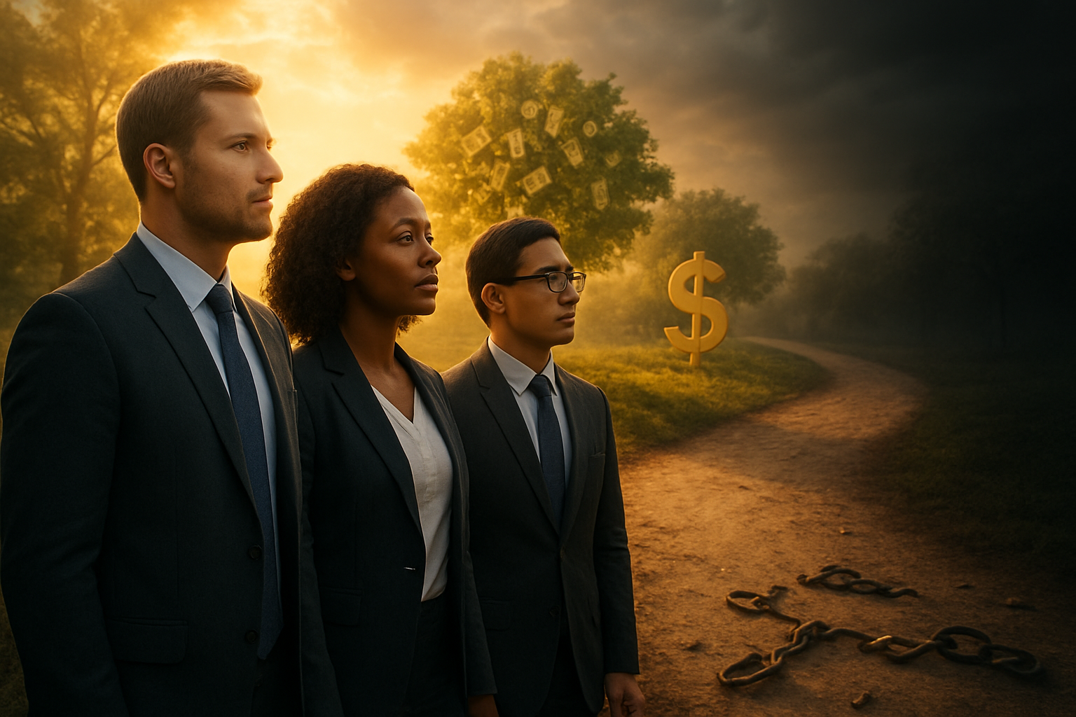 Create a realistic image of a diverse group of professionally dressed people including a white male, black female, and Asian male in business attire standing at a crossroads with two distinct paths, one path leading toward a bright golden sunrise symbolizing financial freedom with trees made of growing money and prosperity symbols, the other path fading into darkness representing financial traps, the people are looking toward the bright path with expressions of hope and determination, warm golden lighting illuminates the scene from the direction of the prosperous path while casting away shadows from the dark path, the ground shows scattered broken chains symbolizing freedom from financial bondage, absolutely NO text should be in the scene.