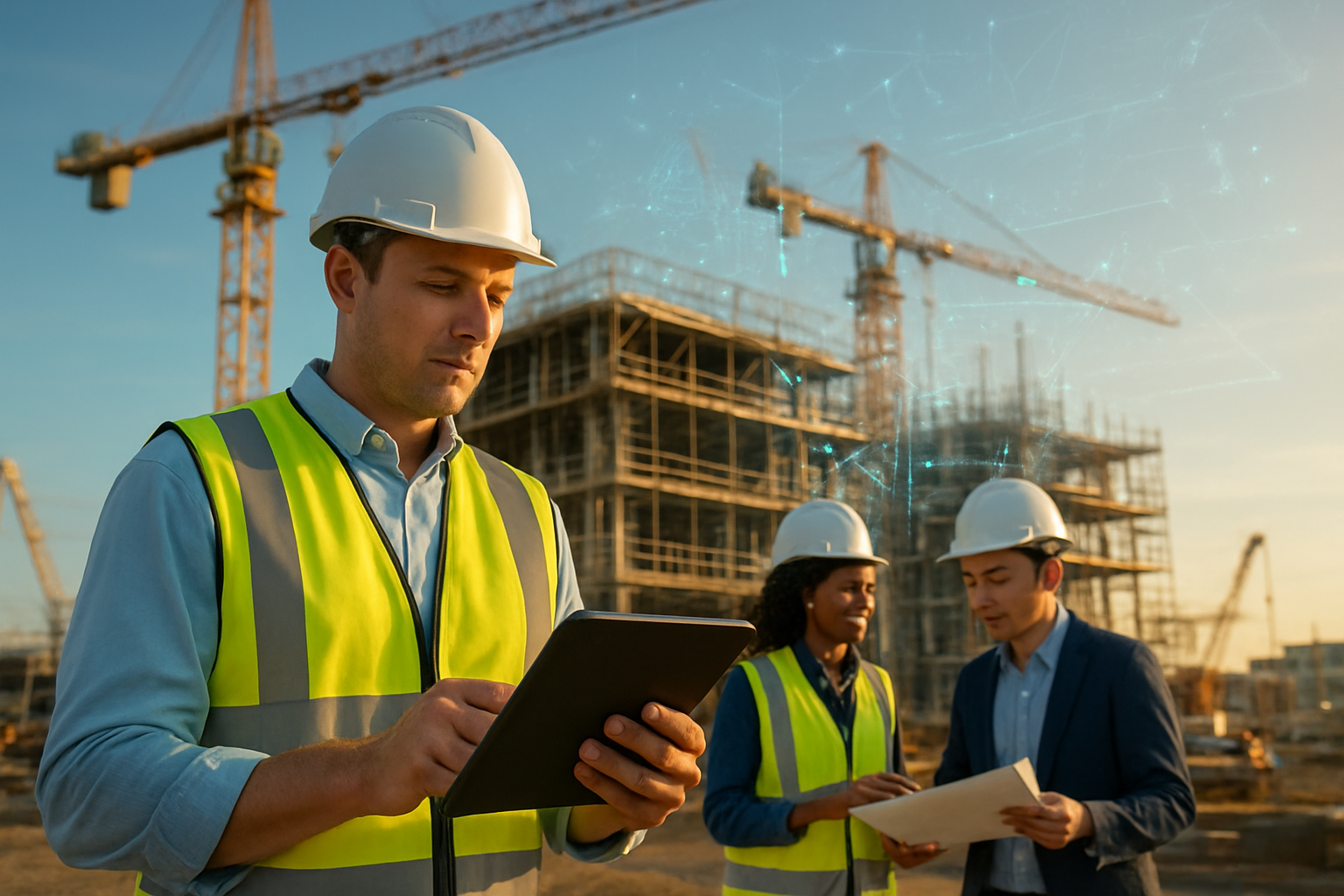 Create a realistic image of a modern construction site showcasing the integration of AI technology, featuring a white male construction manager in a hard hat and safety vest holding a digital tablet while overseeing construction progress, with a diverse team of workers including a black female engineer and an Asian male architect collaborating nearby, surrounded by construction equipment including cranes and scaffolding, with digital overlay elements suggesting AI analysis like subtle geometric patterns and data visualization elements floating in the air around the building structure, set against a clear blue sky with warm golden hour lighting that creates an optimistic and forward-thinking atmosphere, emphasizing innovation and technological advancement in construction industry, absolutely NO text should be in the scene.