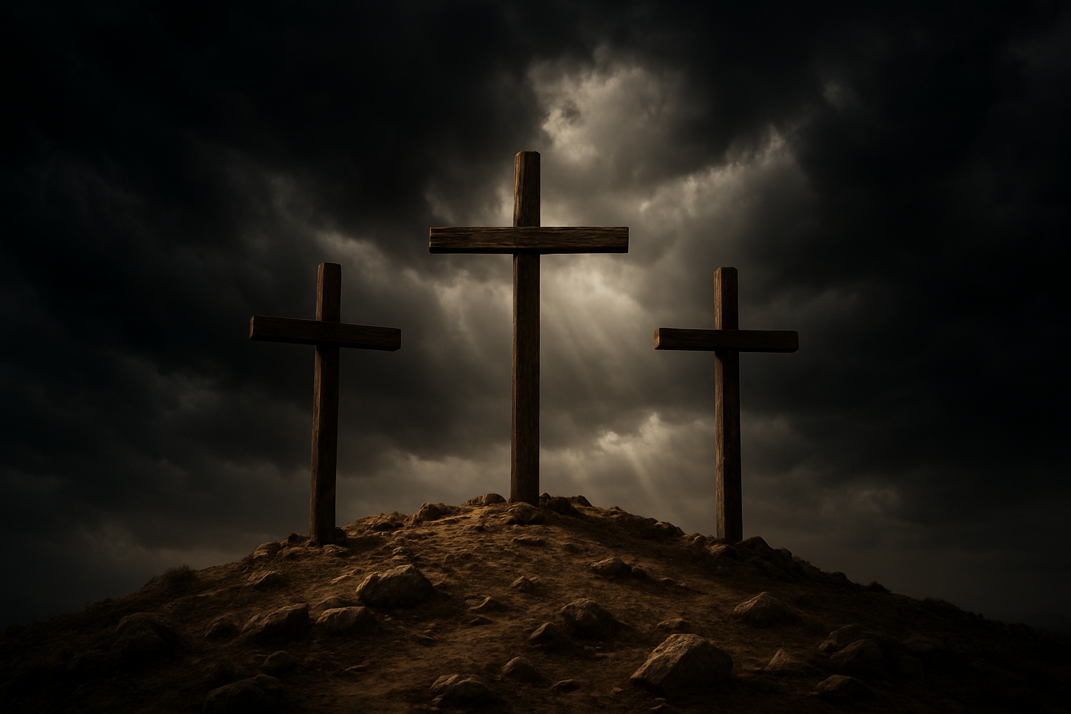 Create a realistic image of three wooden crosses on a hill called Golgotha against a dark, stormy sky with dramatic lighting, the central cross slightly taller than the others, scattered rocks and dusty ground around the base of the crosses, ominous clouds gathering overhead with shafts of light breaking through, creating a somber and historically significant atmosphere of first-century Jerusalem, absolutely NO text should be in the scene.