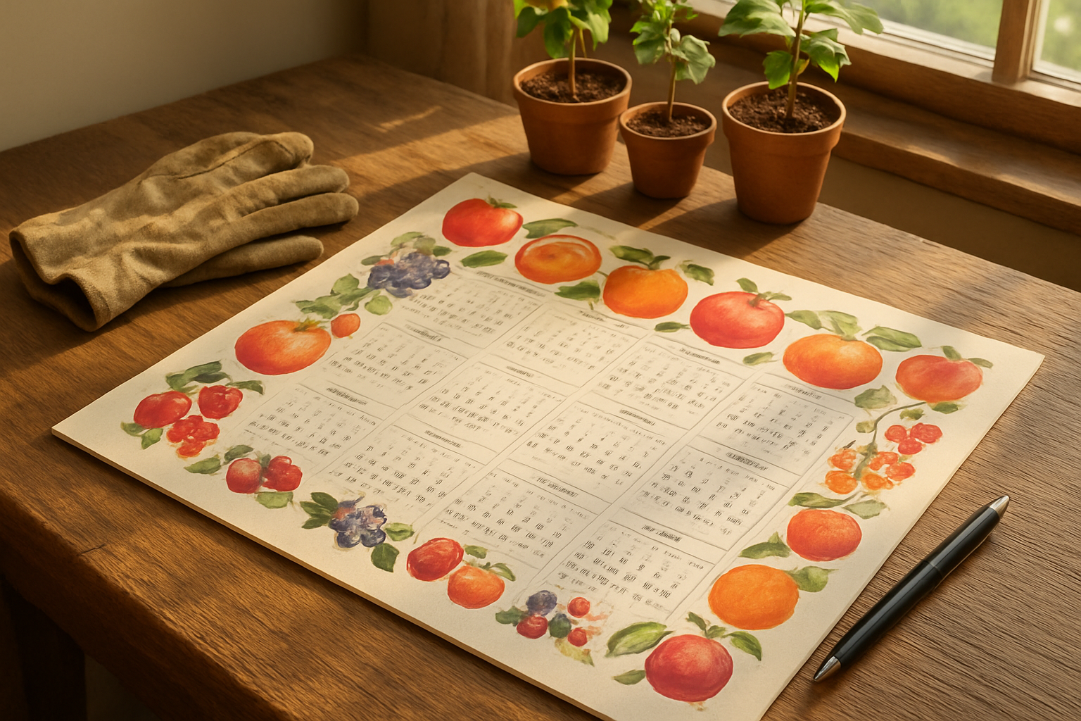 Create a realistic image of a wooden desk or table with a detailed calendar spread open showing all 12 months, surrounded by colorful seasonal fruit illustrations including apples, oranges, berries, and peaches, with a pen lying beside the calendar, gardening gloves placed nearby, and small potted fruit tree seedlings in the background, set in a bright, naturally lit indoor space with warm afternoon sunlight streaming through a window, absolutely NO text should be in the scene.