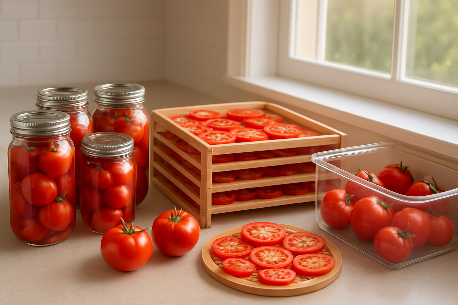 Create a realistic image of fresh red tomatoes being preserved using various storage methods, showing whole tomatoes in glass mason jars, sliced tomatoes being dehydrated on wooden drying racks, tomatoes stored in a refrigerator crisper drawer, and some tomatoes ripening on a sunny kitchen windowsill, with a clean modern kitchen counter as the background, bright natural lighting streaming through windows creating a warm and organized atmosphere, absolutely NO text should be in the scene.