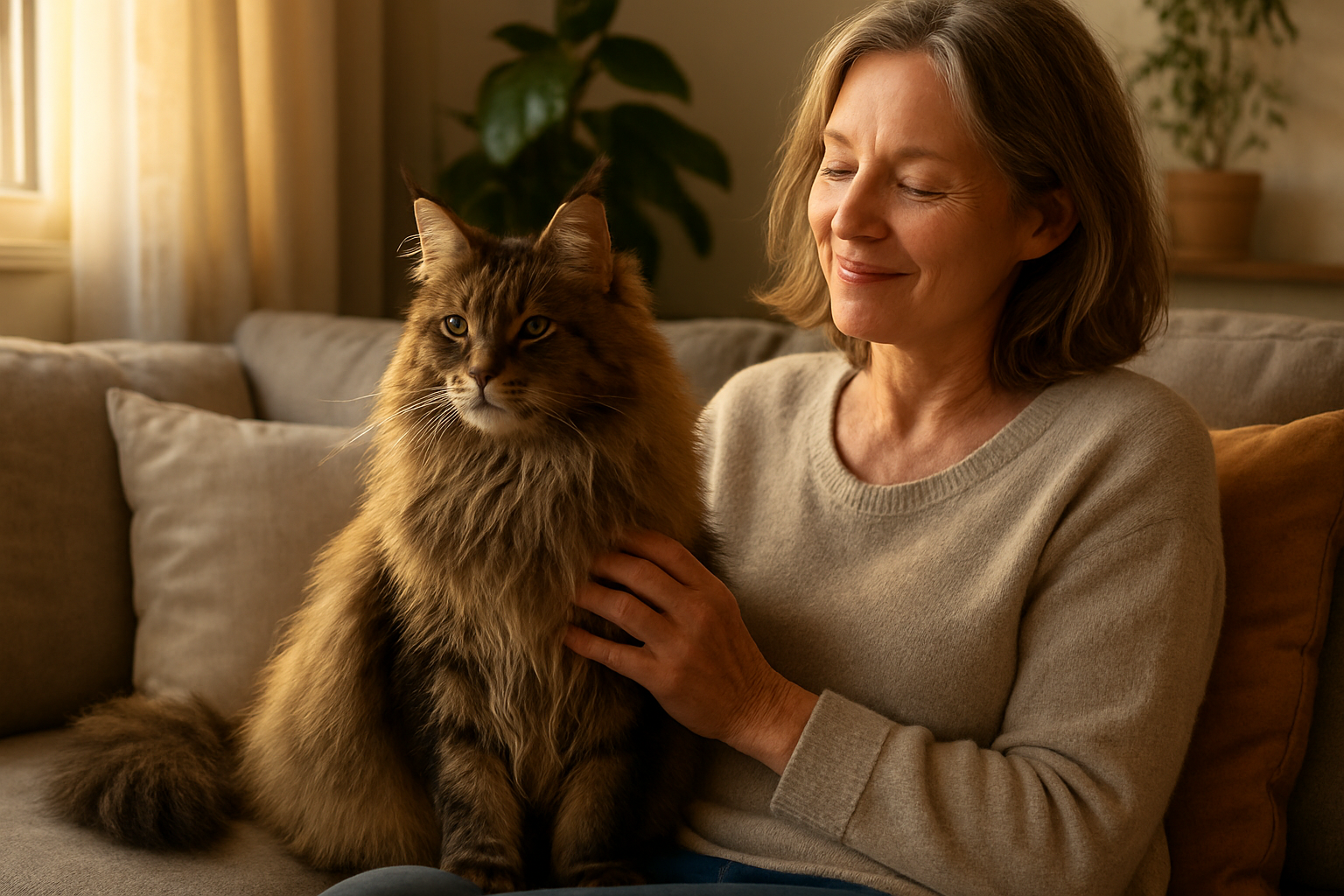Create a realistic image of a majestic Maine Coon cat with long fluffy fur sitting peacefully next to a middle-aged white female owner on a comfortable living room couch, the woman gently stroking the cat's fur while both look content and relaxed, warm golden hour lighting streaming through a nearby window creating a cozy atmosphere, soft home decor in the background including cushions and plants, capturing the intimate bond between the devoted cat and its new loving owner, absolutely NO text should be in the scene.