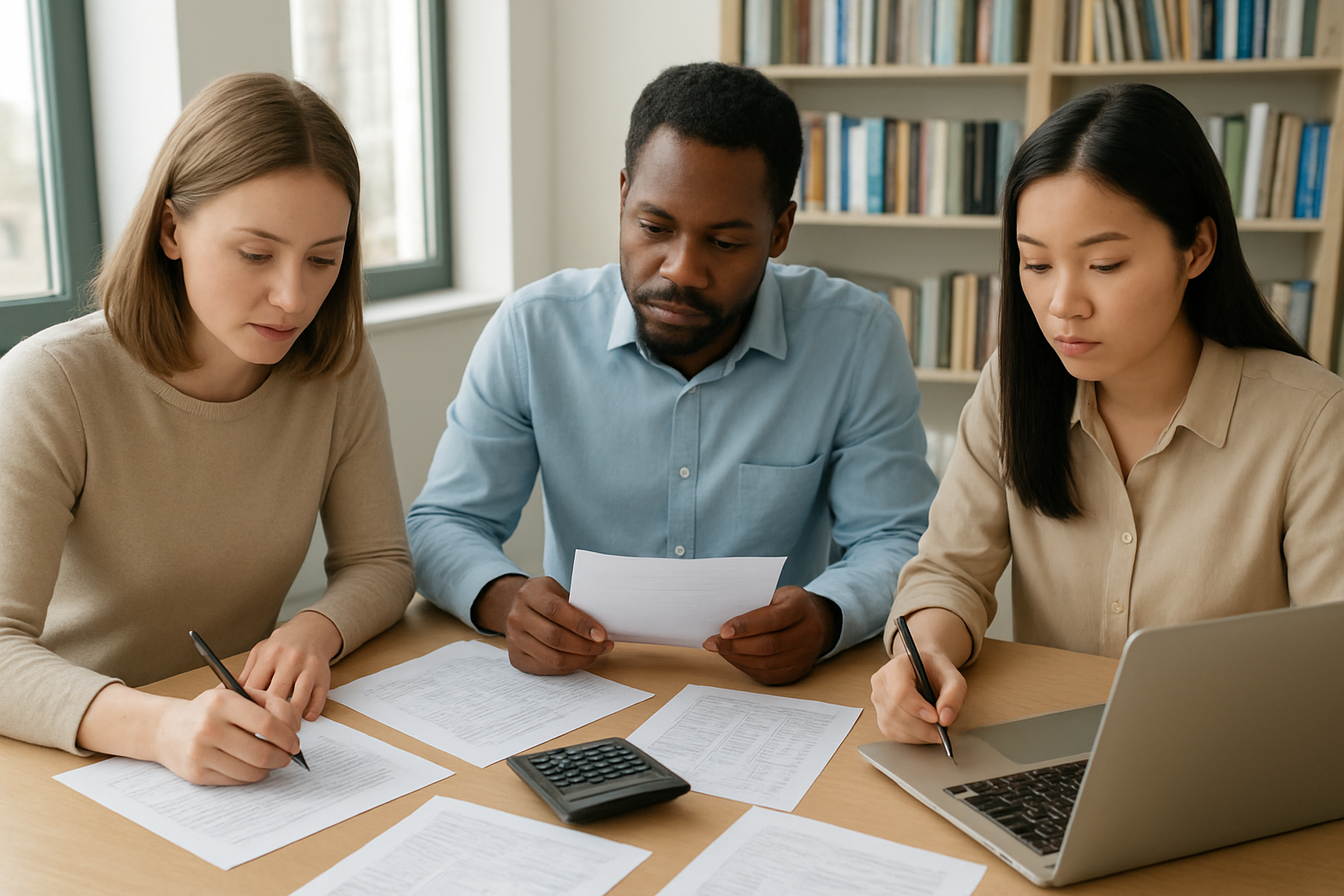 Create a realistic image of a diverse group of three people - a white female, black male, and Asian female - sitting around a modern wooden table covered with financial planning materials including budget worksheets, calculator, bank statements, and a laptop showing spreadsheet data, in a bright contemporary office setting with natural lighting from large windows, bookshelves filled with financial books in the background, the scene conveys focus and determination as they review documents and take notes, warm professional atmosphere with clean organized workspace. Absolutely NO text should be in the scene.