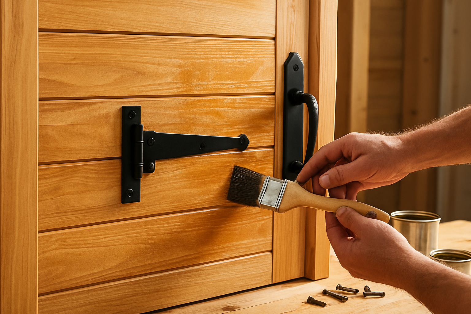 Create a realistic image of hands installing black metal door hinges and a handle onto a freshly built shiplap wooden door, with a paintbrush applying clear protective wood finish to the horizontal wood planks, showing the door mounted in a wooden frame with wood stain containers and hardware screws scattered on a workbench nearby, captured in bright natural workshop lighting that highlights the wood grain texture and wet finish gleaming on the surface, absolutely NO text should be in the scene.