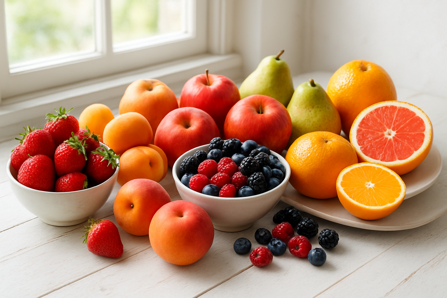 Create a realistic image of a colorful arrangement of seasonal fruits organized by different times of the year, featuring spring strawberries and apricots, summer berries and peaches, autumn apples and pears, and winter citrus fruits like oranges and grapefruits, all artfully displayed on a white wooden table with natural daylight streaming in from a window, creating a bright and cheerful atmosphere that showcases the variety of fresh fruit snacks available throughout the seasons, absolutely NO text should be in the scene.