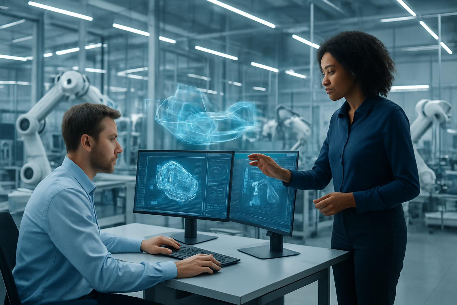 Create a realistic image of a modern manufacturing facility with advanced AI-powered design workstations showing 3D holographic projections of innovative product prototypes and manufacturing processes, featuring sleek computer terminals with multiple screens displaying complex engineering blueprints and generative design algorithms, surrounded by cutting-edge robotic arms and automated machinery, with a white male engineer and a black female designer collaborating while examining floating digital models, set against a clean industrial background with bright LED lighting and glass panels, conveying an atmosphere of technological innovation and forward-thinking manufacturing, absolutely NO text should be in the scene.