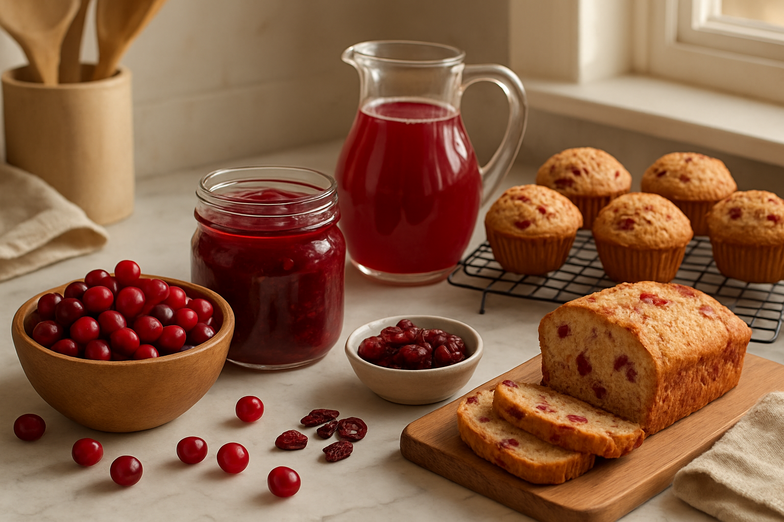 Create a realistic image of an elegant kitchen counter displaying various cranberry products and culinary preparations including fresh red cranberries scattered around a wooden bowl, homemade cranberry sauce in a glass jar, dried cranberries in a small ceramic dish, cranberry juice in a clear pitcher, fresh cranberry muffins on a cooling rack, and a partially sliced cranberry bread loaf on a cutting board, with warm natural lighting from a nearby window creating soft shadows on the marble countertop, surrounded by subtle kitchen elements like wooden spoons and linen napkins, absolutely NO text should be in the scene.