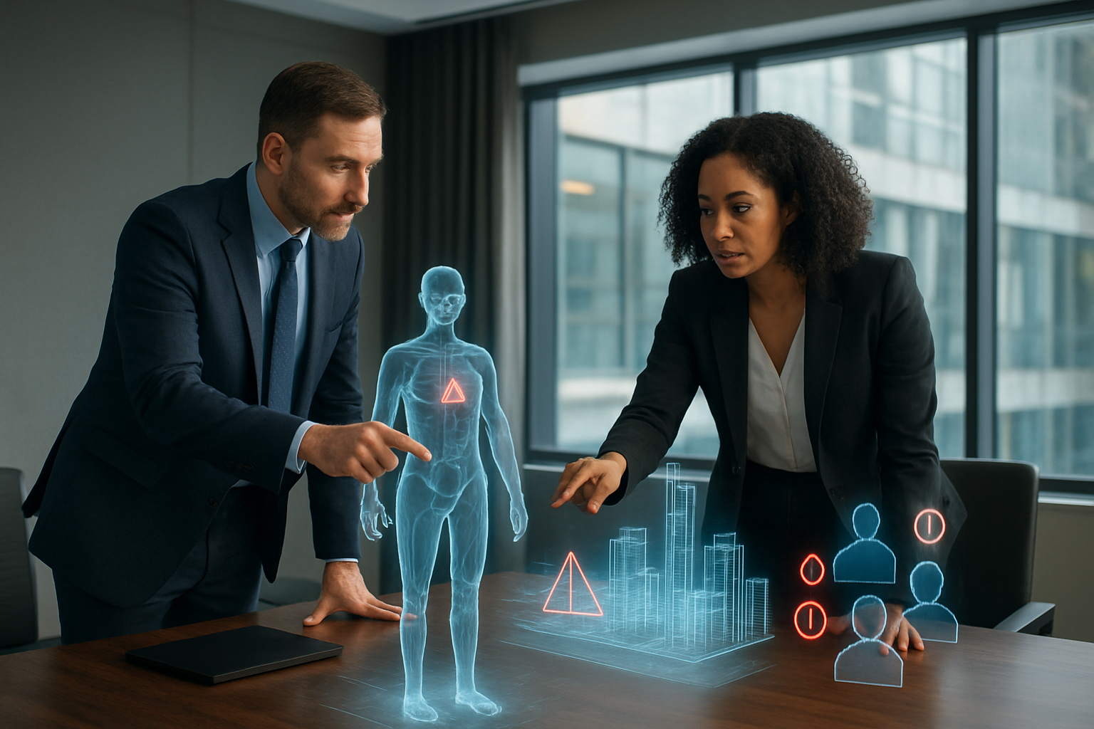 Create a realistic image of a diverse business meeting scene with a white male executive and a black female IT manager standing at a conference table, pointing at holographic digital twin visualizations floating above the table showing a transparent human body model, a city skyline wireframe, and customer avatar icons, with warning symbols and error indicators around some models representing implementation challenges, set in a modern corporate boardroom with large windows and soft natural lighting, creating a professional problem-solving atmosphere, absolutely NO text should be in the scene.