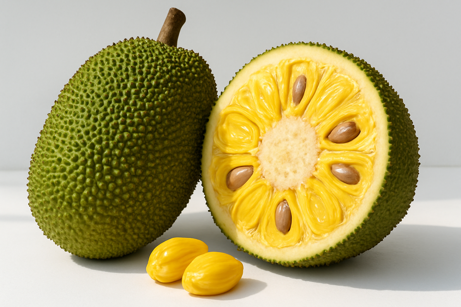 Create a realistic image of a large whole jackfruit prominently displayed in the center, showcasing its distinctive spiky green exterior texture and oblong oval shape, alongside a cross-section cut revealing the bright yellow fleshy pods and large brown seeds inside, placed on a clean white surface with natural daylight illumination highlighting the fruit's unique bumpy skin pattern and internal structure, with a few individual yellow arils separated nearby to show the edible portions, captured in bright even lighting that emphasizes the contrast between the rough exterior and smooth interior flesh. Absolutely NO text should be in the scene.