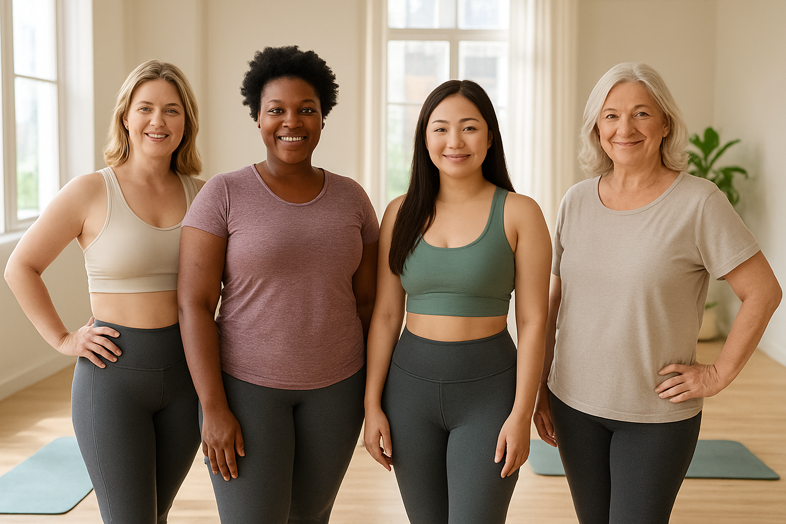 Create a realistic image of a diverse group of women of different ages and ethnicities including white, black, and Asian females standing confidently in a bright, airy wellness studio with natural lighting streaming through large windows, the women are wearing comfortable athletic wear and displaying positive body language with gentle smiles and relaxed postures, the background features yoga mats, plants, and soft neutral colors creating a serene and empowering atmosphere that celebrates self-acceptance and body positivity, absolutely NO text should be in the scene.
