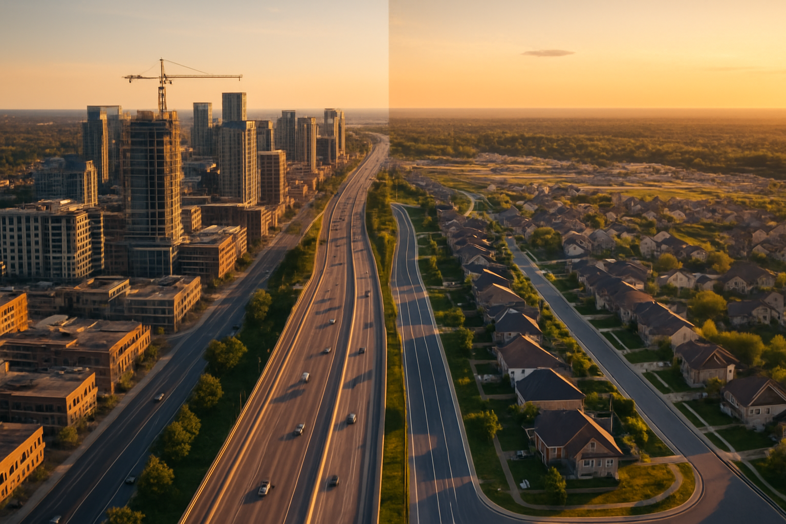 Create a realistic image of a split-screen aerial view showcasing contrasting regional real estate markets, with one side displaying a thriving urban downtown area featuring modern high-rise apartment buildings, construction cranes, and bustling commercial districts, while the other side shows a growing suburban neighborhood with new residential developments, tree-lined streets, and family homes, connected by a modern highway system, captured during golden hour lighting that emphasizes growth and opportunity across different market segments, with vibrant colors highlighting the economic diversity and development potential of various geographic regions, absolutely NO text should be in the scene.