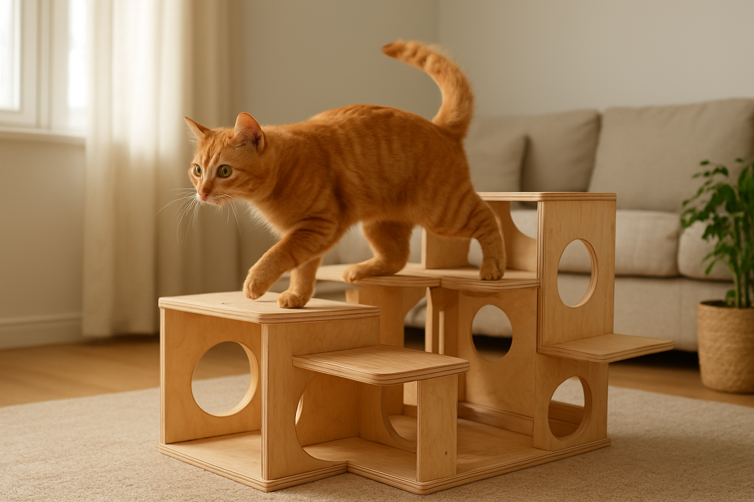 Create a realistic image of an energetic orange tabby cat actively climbing and navigating through a multi-level wooden maze toy inside a bright living room, with the cat in mid-motion showing physical engagement, natural wood-colored maze structure with multiple tunnels and platforms, cozy indoor home environment with soft natural lighting from a nearby window, warm and inviting atmosphere that emphasizes the cat's active movement and exercise, absolutely NO text should be in the scene.