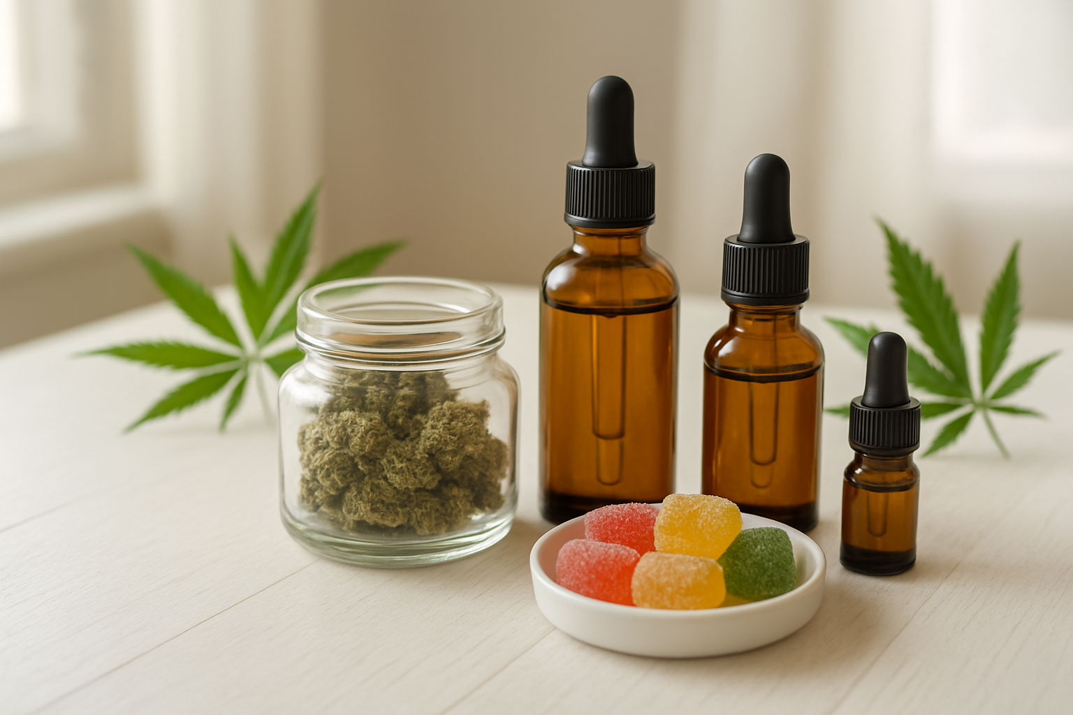 Create a realistic image of a clean, modern setting with various cannabis products including a small glass jar with cannabis flower, a few CBD oil bottles, and cannabis edibles like gummies arranged neatly on a white wooden table, soft natural lighting from a nearby window creating a warm and welcoming atmosphere, with green cannabis leaves subtly placed as decorative elements in the background, conveying a sense of education, wellness, and responsible use, absolutely NO text should be in the scene.