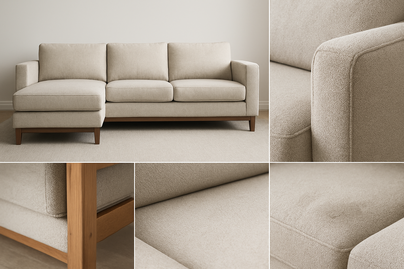 Create a realistic image of a modern American-style sofa showcasing technical specifications and practical design elements, featuring a large comfortable sectional sofa with clean lines and contemporary upholstery, detailed close-up views of fabric texture showing stain-resistant properties, visible construction details like sturdy wooden frame joints and high-quality cushioning, ergonomic armrests and back support, neutral colored fabric in beige or gray, professional product photography lighting highlighting the craftsmanship and materials, clean modern living room background with minimal distractions, focused composition emphasizing the sofa's build quality and functional design features, absolutely NO text should be in the scene.