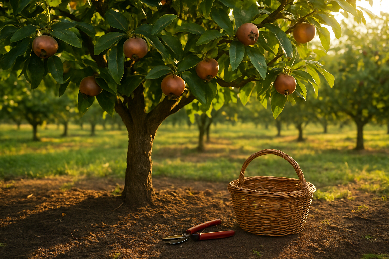 Create a realistic image of a mature medlar tree in an orchard setting with ripe brown medlar fruits hanging from branches, gardening tools like pruning shears and a wicker basket placed nearby on the ground, rich soil visible around the tree base, warm golden hour lighting filtering through the leaves creating a peaceful agricultural atmosphere, with additional medlar trees blurred in the background to show proper cultivation spacing, absolutely NO text should be in the scene.