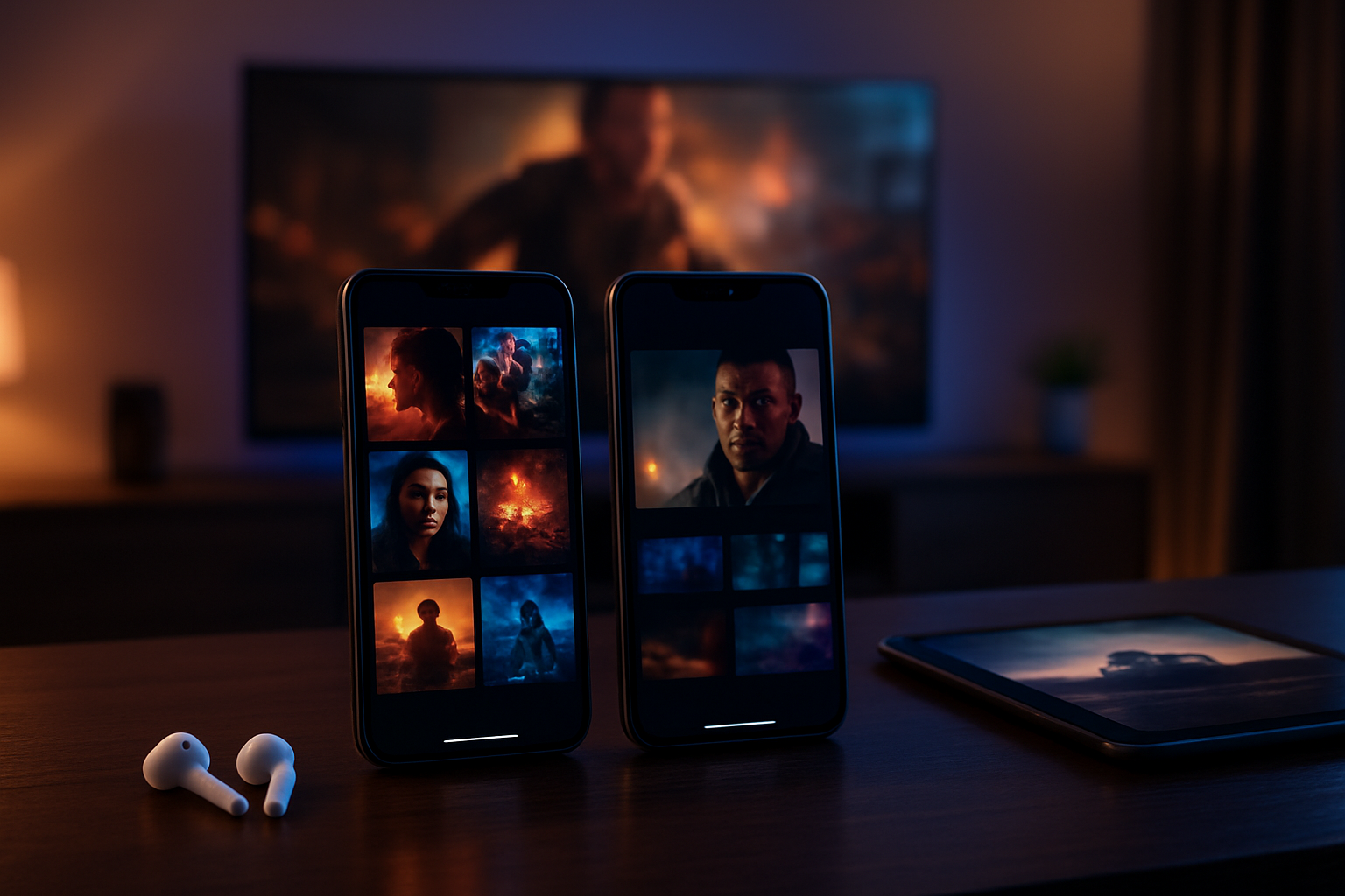 Create a realistic image of two modern smartphones side by side on a sleek dark wooden desk, with the left phone displaying a vibrant streaming interface with movie thumbnails and the right phone showing a different streaming app interface, surrounded by entertainment elements including wireless earbuds, a tablet showing video content, and a smart TV in the blurred background displaying a movie scene, all set in a contemporary living room with warm ambient lighting and a cozy atmosphere that suggests home entertainment and digital streaming technology, with subtle blue and purple accent lighting reflecting off the devices to create a premium tech aesthetic, absolutely NO text should be in the scene.