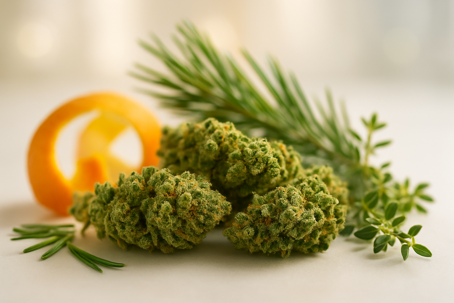 Create a realistic image of a close-up view of fresh cannabis buds with vibrant green trichomes glistening under soft natural lighting, surrounded by aromatic elements like orange peels, pine needles, and fresh herbs to represent the sweet and uplifting characteristics of ocimene terpene, with a clean white laboratory background suggesting scientific understanding, featuring subtle bokeh effects and warm golden lighting that creates an uplifting and educational mood. Absolutely NO text should be in the scene.