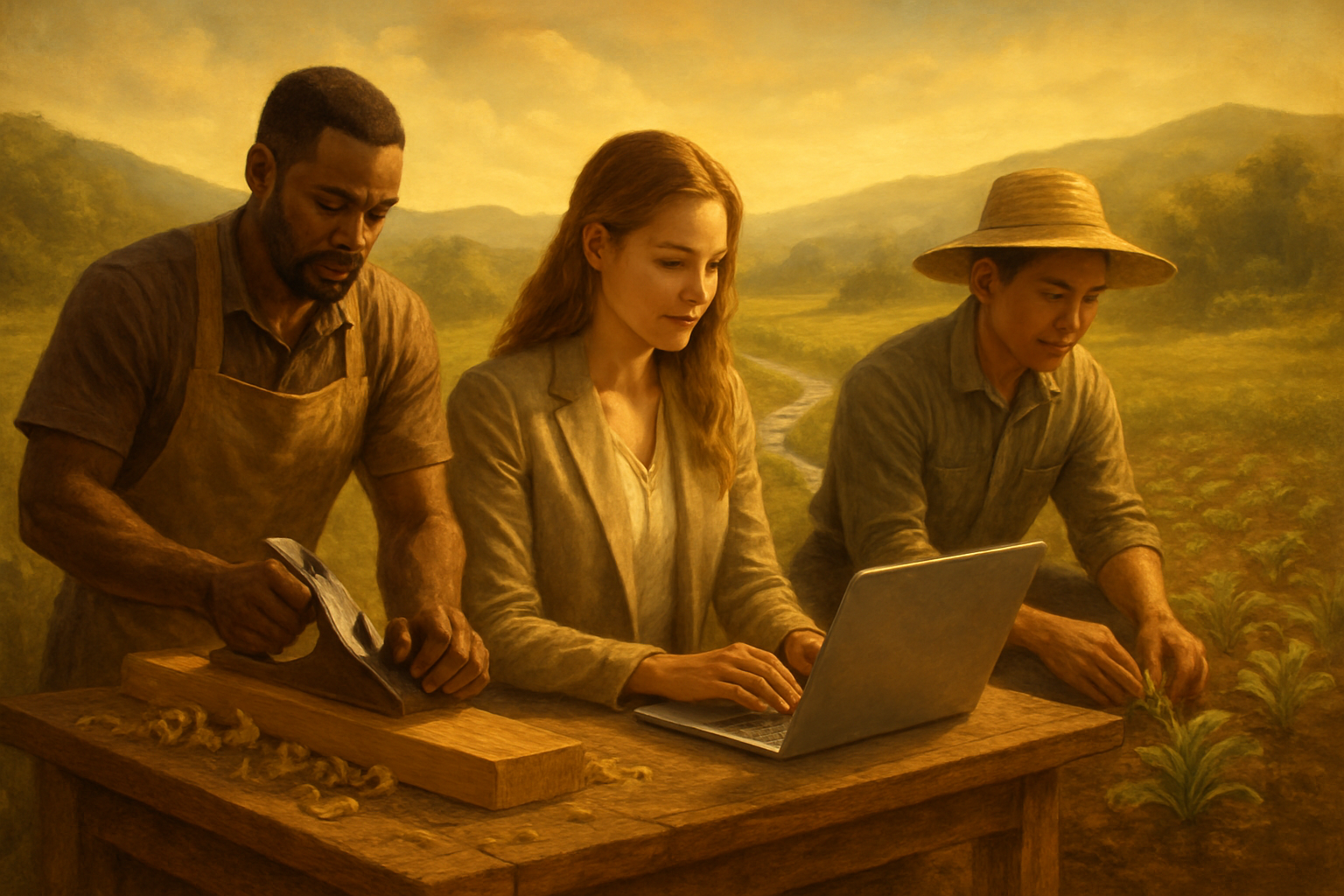 Create a realistic image of a diverse group of people including a black male carpenter working with wood, a white female entrepreneur at a laptop, and an Asian male farmer tending to crops, all working diligently in their respective environments that blend seamlessly together, with golden warm lighting suggesting prosperity and blessing, surrounded by subtle symbols of growth like flowing streams, fertile soil, and flourishing plants, set against a peaceful countryside backdrop with rolling hills, conveying industriousness, integrity, and abundance through honest labor, absolutely NO text should be in the scene.