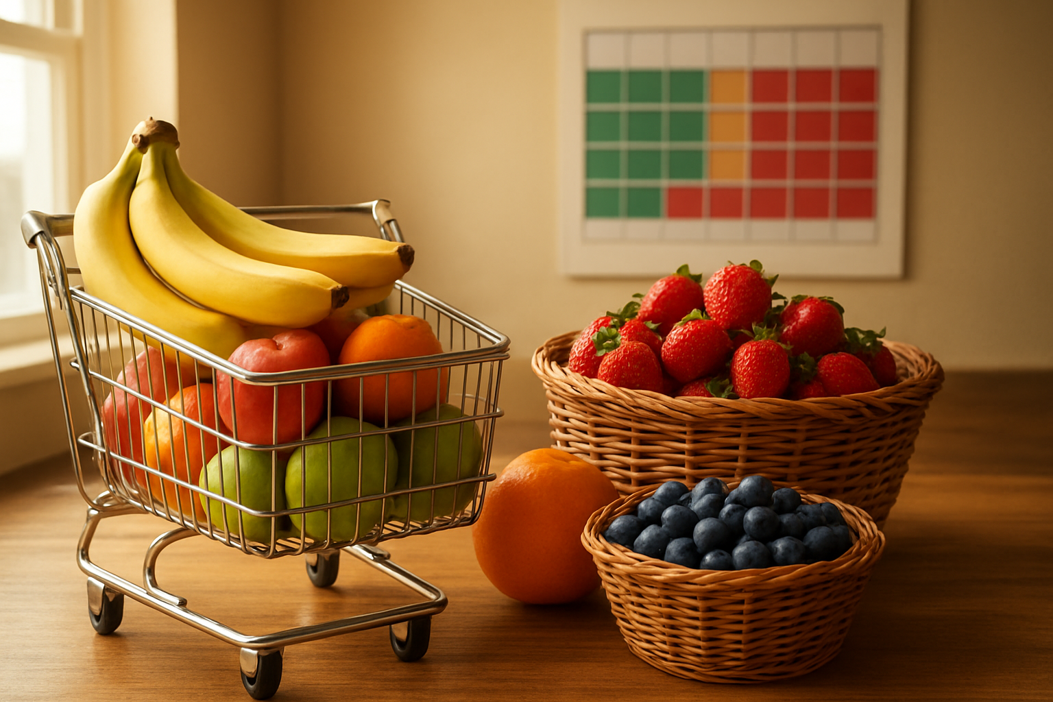 Create a realistic image of a diverse array of fresh, budget-friendly fruits like bananas, apples, oranges, and seasonal berries artfully arranged in a shopping cart and wicker baskets on a wooden kitchen counter, with a grocery store price comparison chart visible in the background, warm natural lighting streaming through a window, creating an inviting atmosphere that emphasizes smart shopping and value, absolutely NO text should be in the scene.