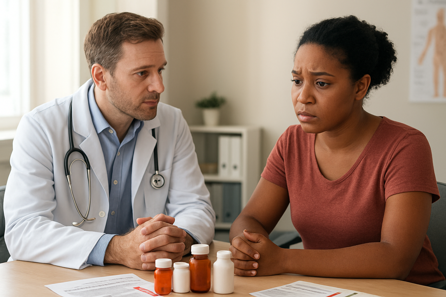 Create a realistic image of a medical consultation scene with a white male doctor in a white coat sitting across from a concerned-looking black female patient at a desk, with medicine bottles including over-the-counter cold medications visible on the desk between them, medical charts and safety warning pamphlets scattered nearby, in a clean modern medical office with soft natural lighting from a window, conveying a serious discussion about treatment risks and safety considerations, absolutely NO text should be in the scene.